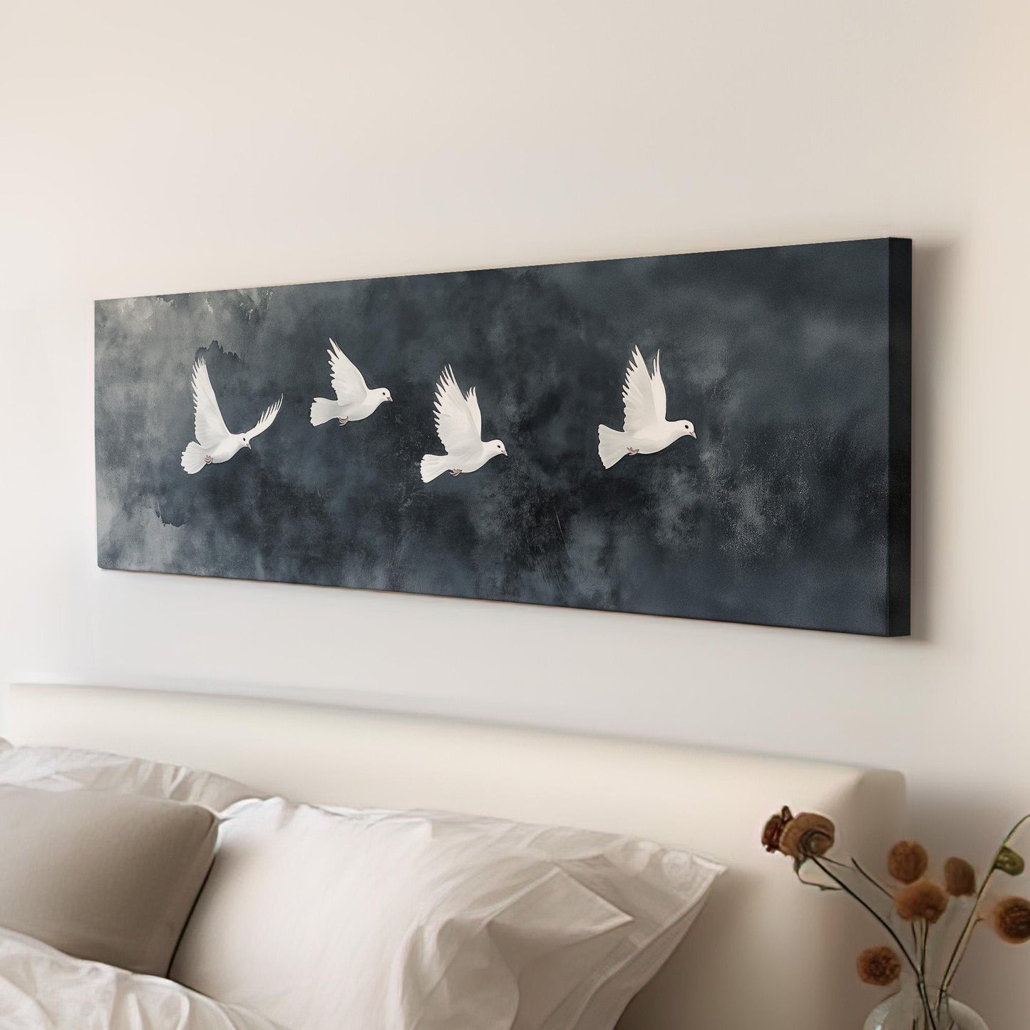 Flock of White Doves Panoramic Peaceful Night, Minimal Flying Bird Canvas Print, The long Travel Printed Canvas Art