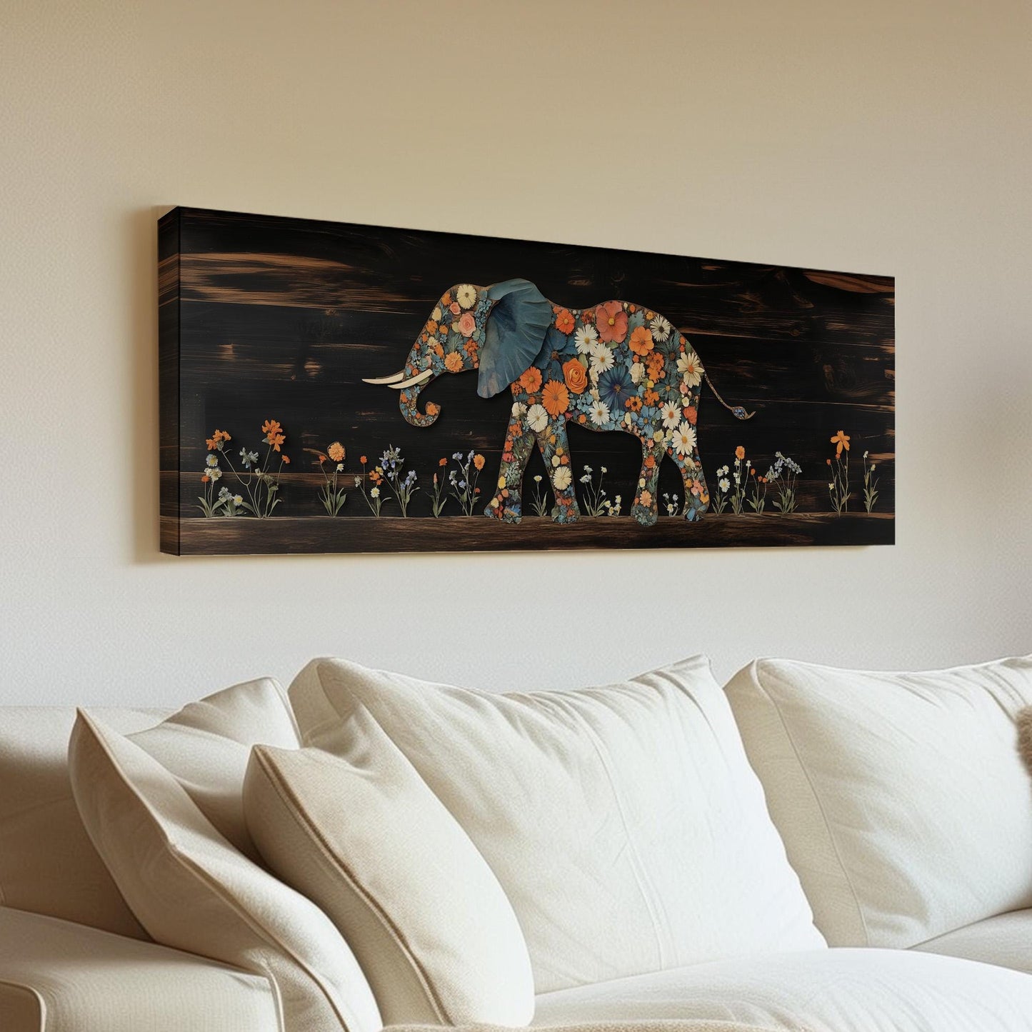 Floral Wood Elephant Panoramic African Elephant, Minimal Animal Lover Canvas Print, Boho Japandi Printed Canvas Art