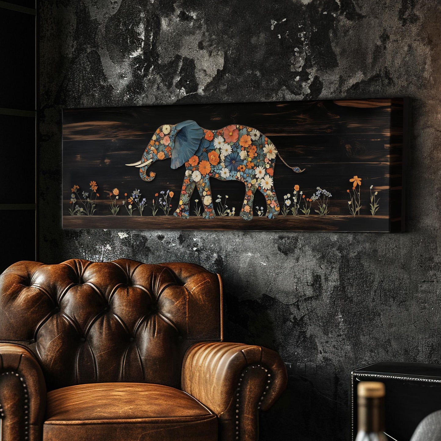 Floral Wood Elephant Panoramic African Elephant, Minimal Animal Lover Canvas Print, Boho Japandi Printed Canvas Art