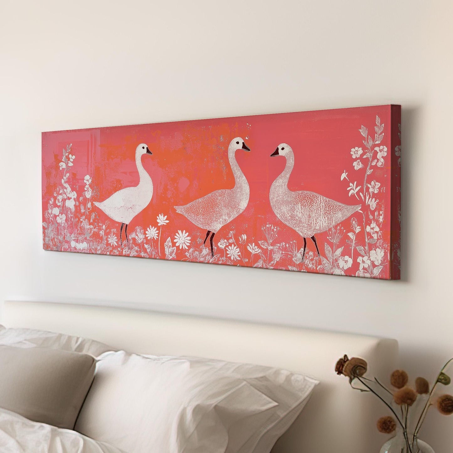 Geese With Wildflowers Panoramic Orange Toned, Minimal Vintage Nature Canvas Print, Folk Art Printed Canvas Art