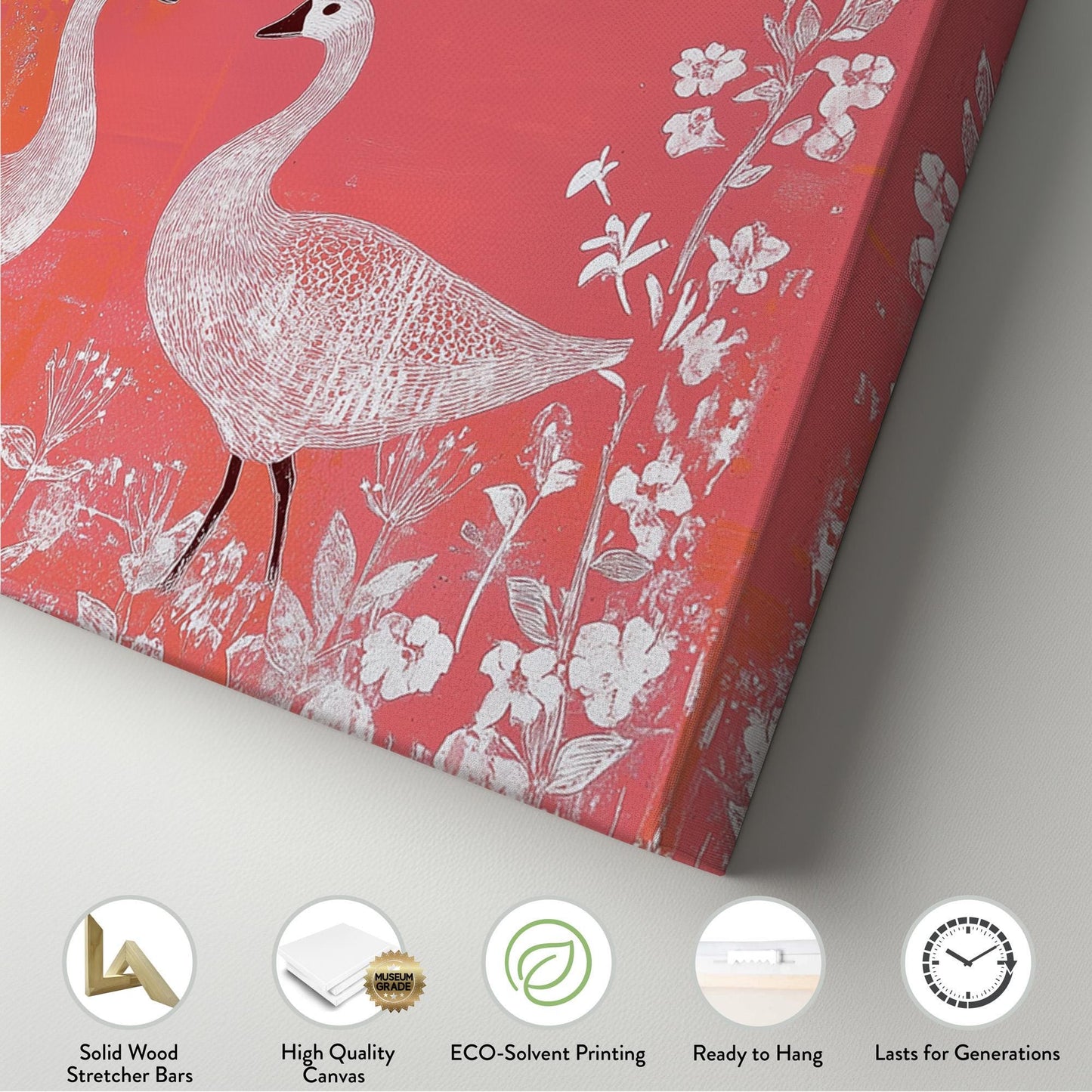 Geese With Wildflowers Panoramic Orange Toned, Minimal Vintage Nature Canvas Print, Folk Art Printed Canvas Art