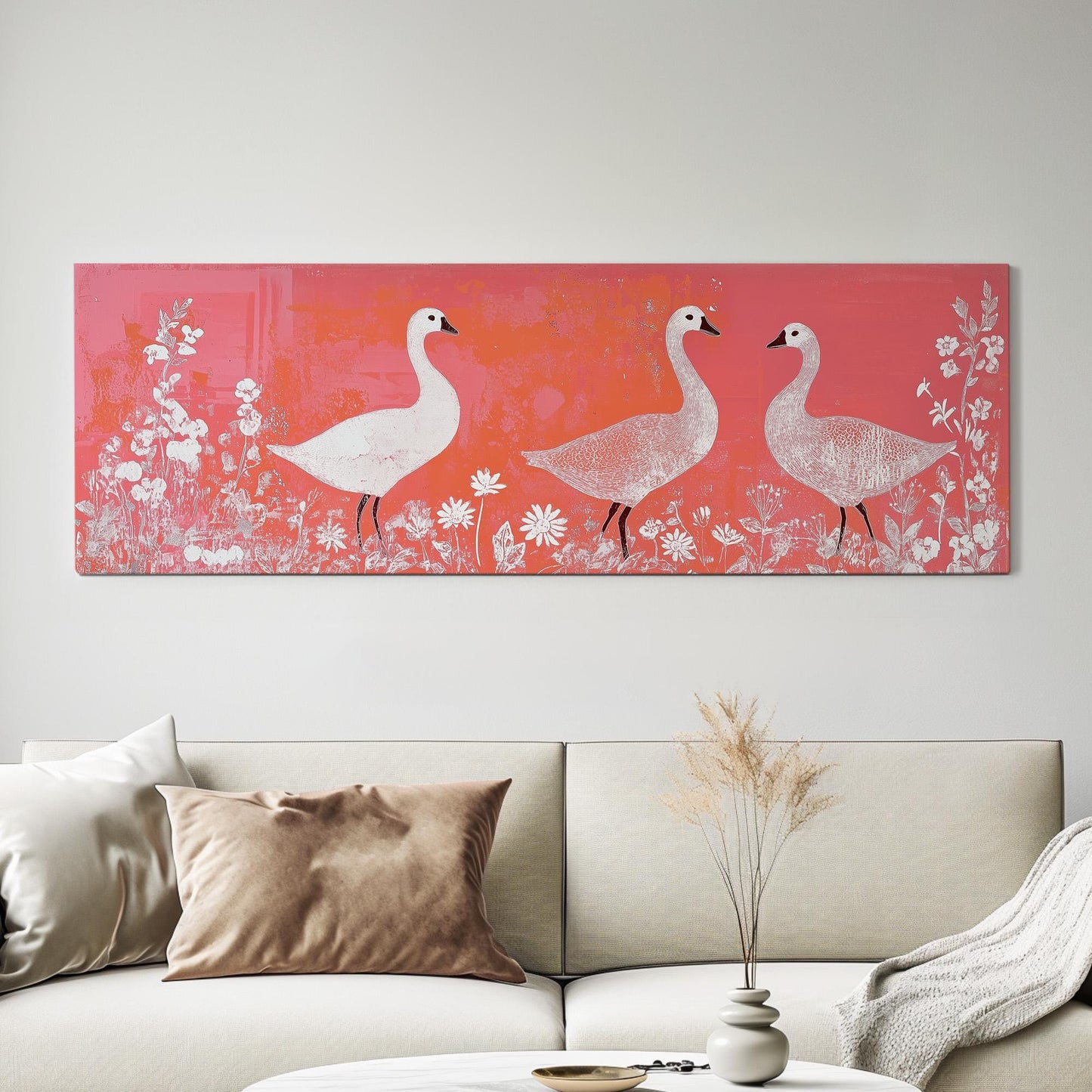 Geese With Wildflowers Panoramic Orange Toned, Minimal Vintage Nature Canvas Print, Folk Art Printed Canvas Art