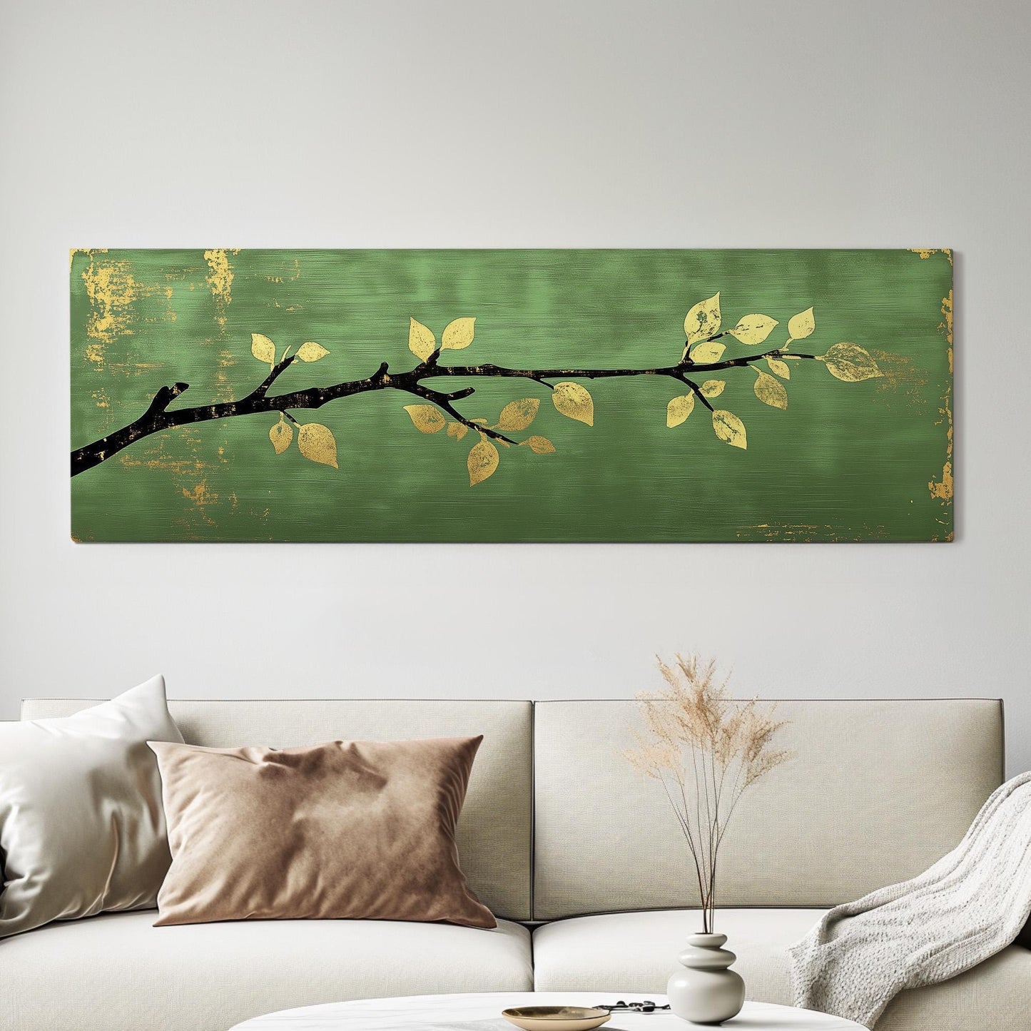 Golden Apple Branch Panoramic Green Moody, Minimal Farmhouse Country Canvas Print, Nature Bloom Printed Canvas Art