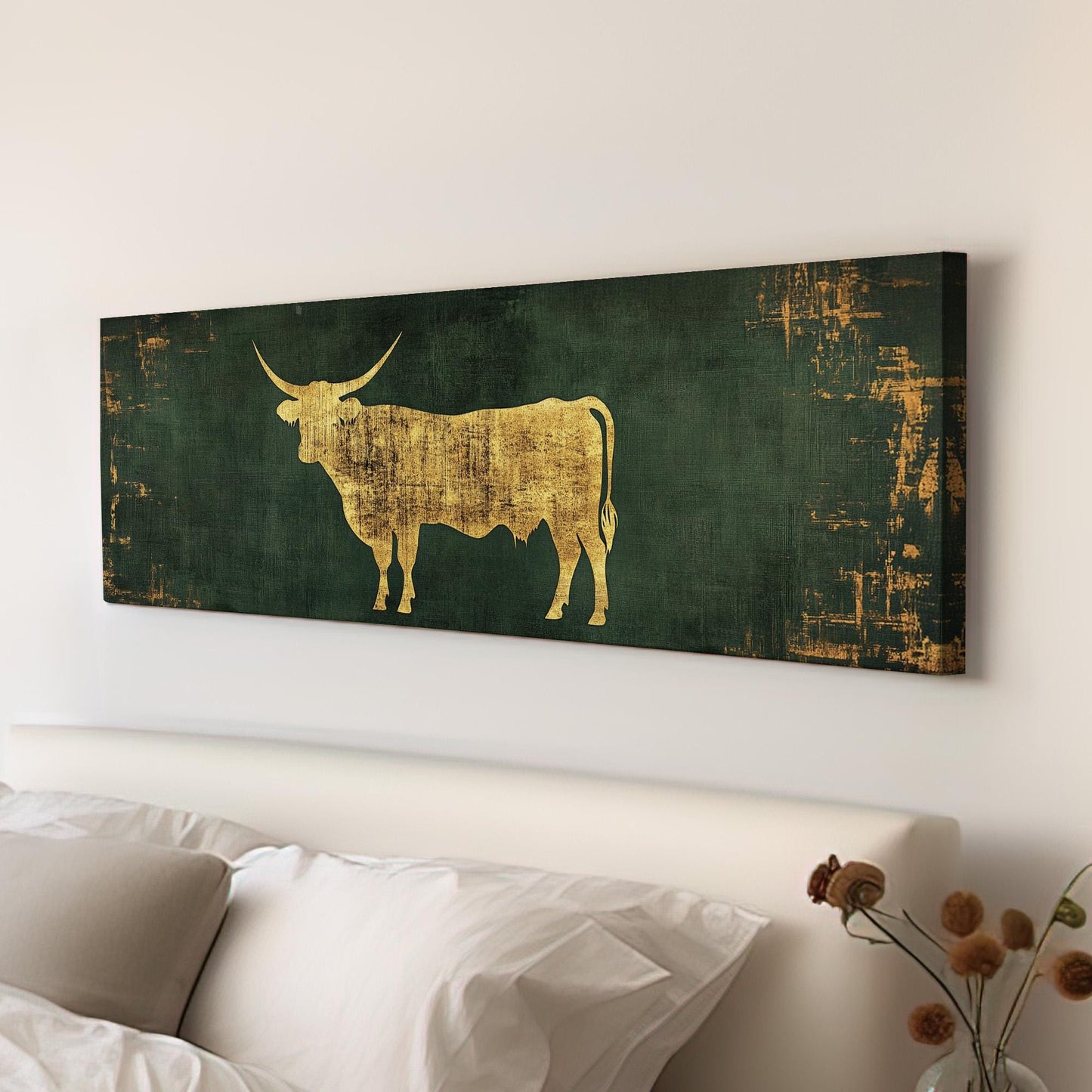 Green And Gold Texas Longhorn Panoramic Farmhouse, Minimal Country Charm Canvas Print, Vintage Ranch Printed Canvas Art