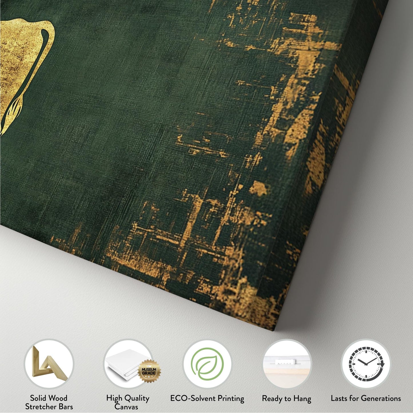 Green And Gold Texas Longhorn Panoramic Farmhouse, Minimal Country Charm Canvas Print, Vintage Ranch Printed Canvas Art