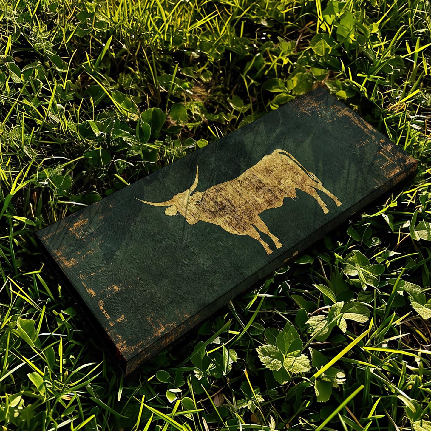 Green And Gold Texas Longhorn Panoramic Farmhouse, Minimal Country Charm Canvas Print, Vintage Ranch Printed Canvas Art