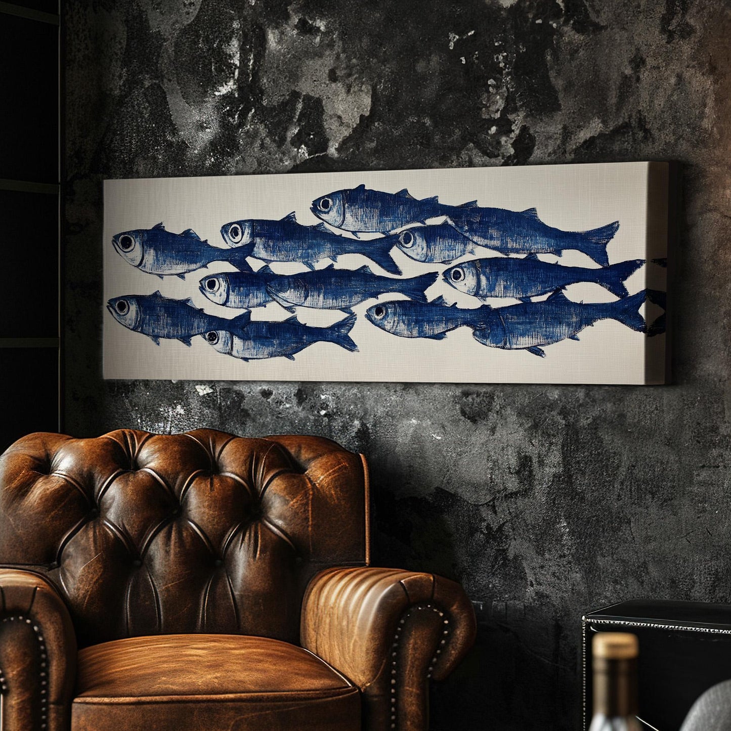 Group Of Sardines Theme Panoramic Ocean Charm, Minimal Seaside Serenity Canvas Print, Rustic Vibes Printed Canvas Art