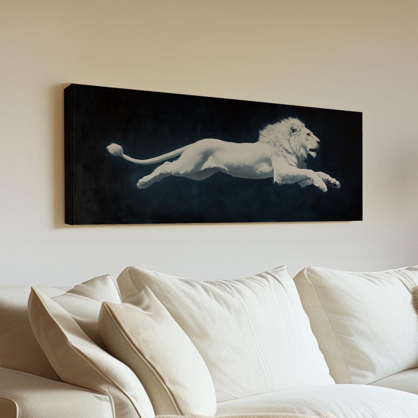 Majestic White Lion Panoramic Rustic, Minimal Wild Serenity Canvas Print, Moody Minimal Printed Canvas Art