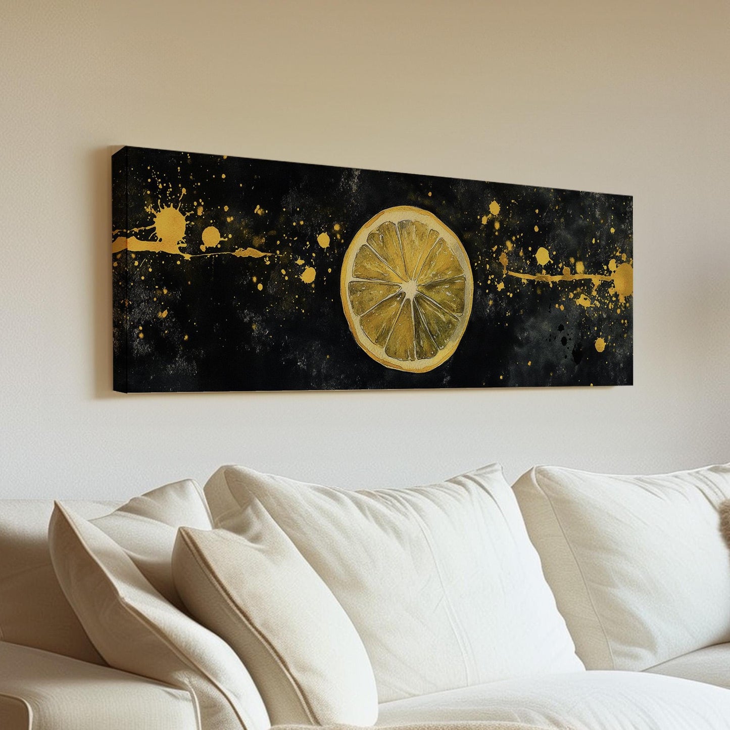 Minimal Lemon Slice Panoramic Farmhouse Kitchen, Minimal Citrus Colors Canvas Print, Country Art Printed Canvas Art