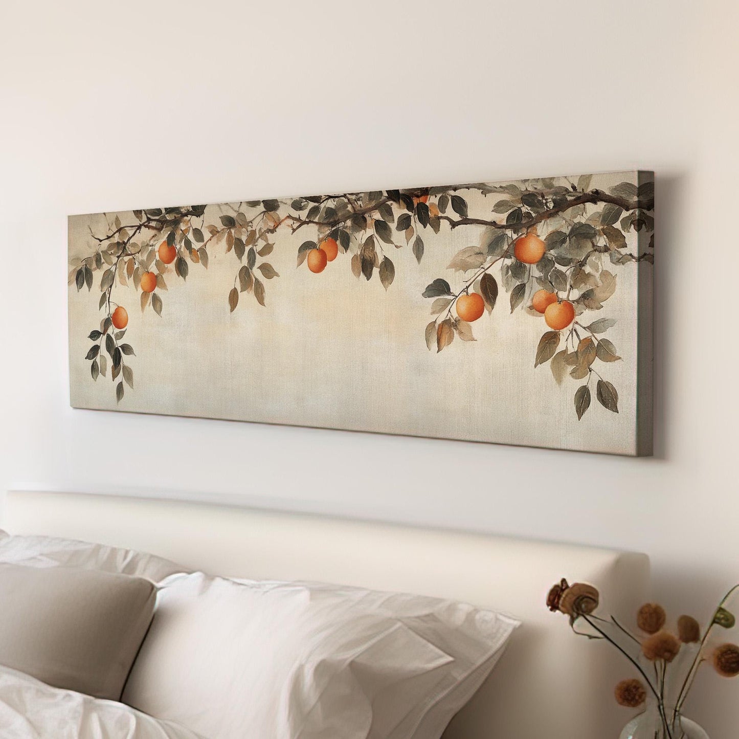 Moody Orange Branch Panoramic Fresh Citrus, Minimal Kitchen Wall Canvas Print, Country Style Printed Canvas Art