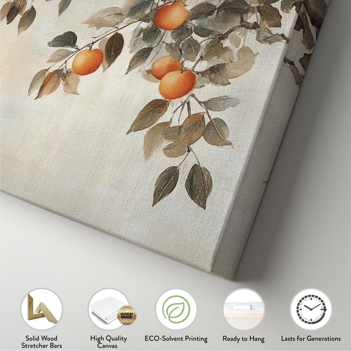 Moody Orange Branch Panoramic Fresh Citrus, Minimal Kitchen Wall Canvas Print, Country Style Printed Canvas Art