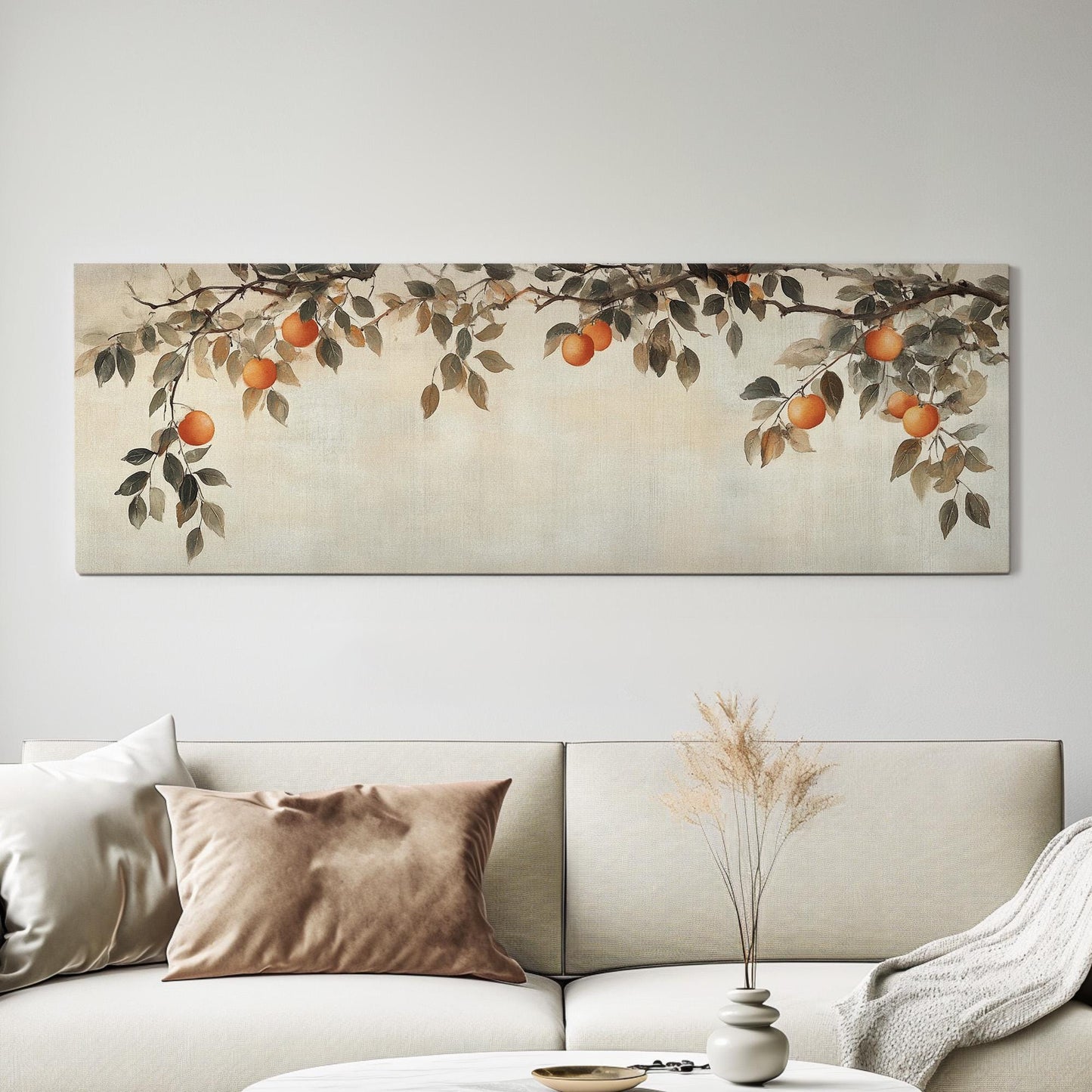 Moody Orange Branch Panoramic Fresh Citrus, Minimal Kitchen Wall Canvas Print, Country Style Printed Canvas Art