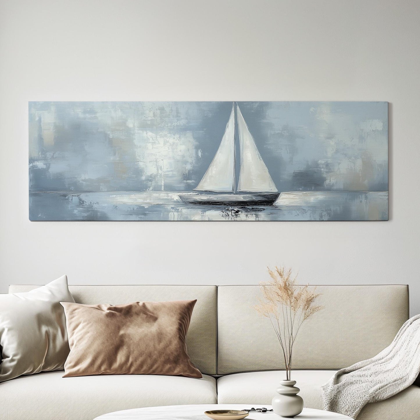 Moody Sailing Panoramic Sailboat Nautical, Minimal Rustic Sea Canvas Print, Maritime Calm Printed Canvas Art