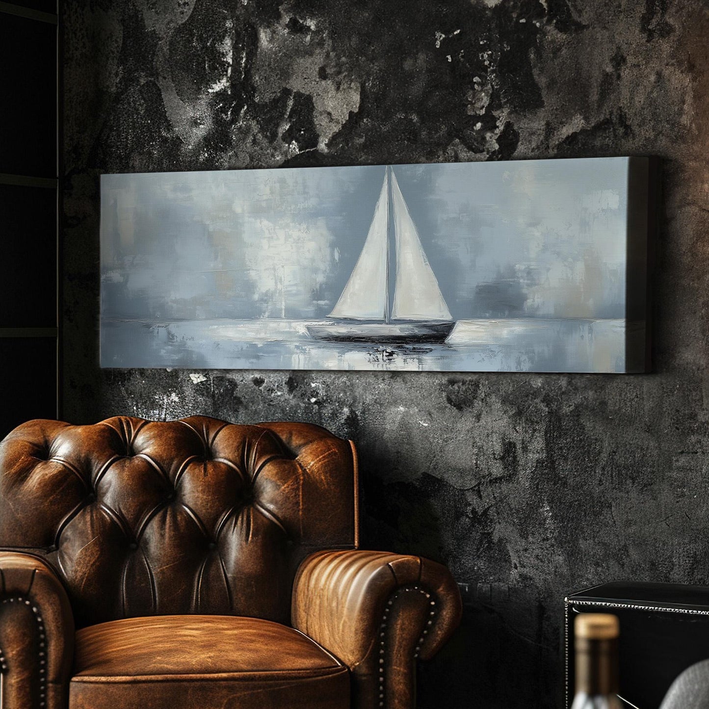 Moody Sailing Panoramic Sailboat Nautical, Minimal Rustic Sea Canvas Print, Maritime Calm Printed Canvas Art