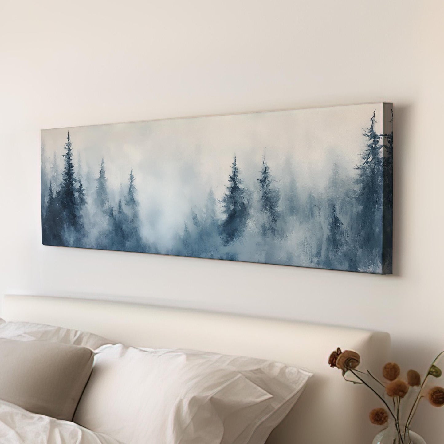 Mountain Pine Scene Panoramic Nature Beauty, Minimal Rustic Calm Canvas Print, Woodland Serenity Printed Canvas Art