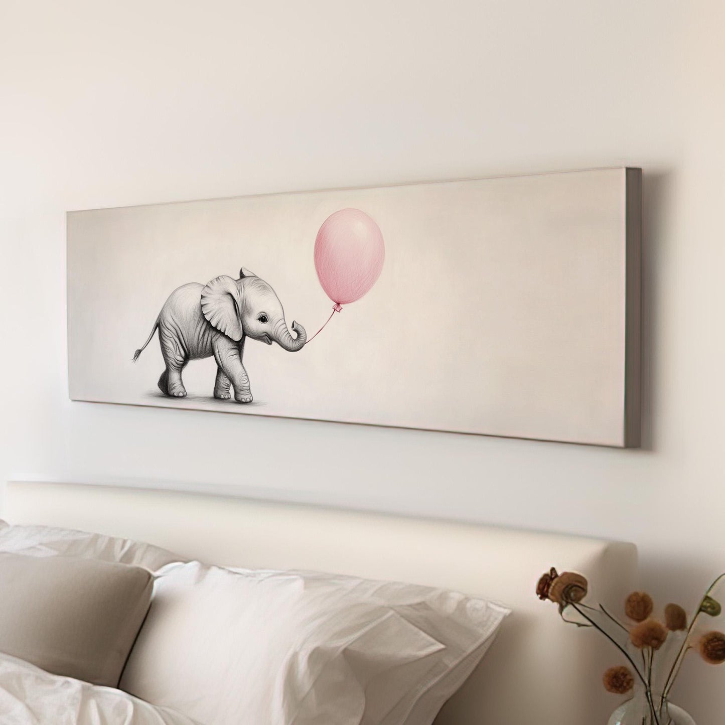 Nursery Elephant With a Balloon Panoramic African Elephant, Minimal Animal Lover Canvas Print, Boho Japandi Printed Canvas Art