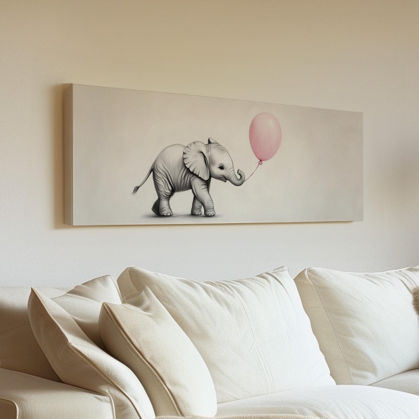 Nursery Elephant With a Balloon Panoramic African Elephant, Minimal Animal Lover Canvas Print, Boho Japandi Printed Canvas Art