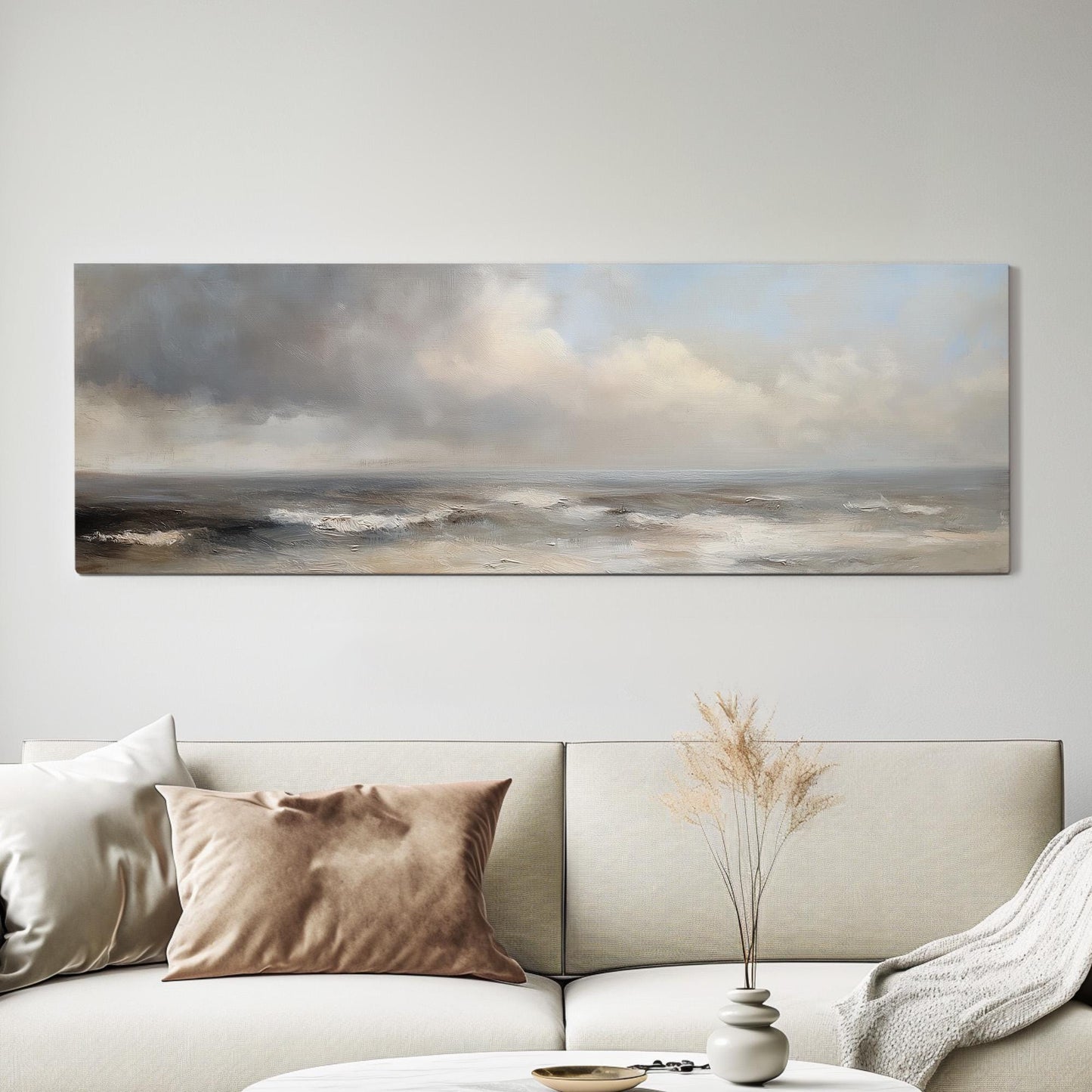 Rough Waves Panoramic Muted Beach, Minimal Nautical Art Canvas Print, Coastal Sunset Printed Canvas Art