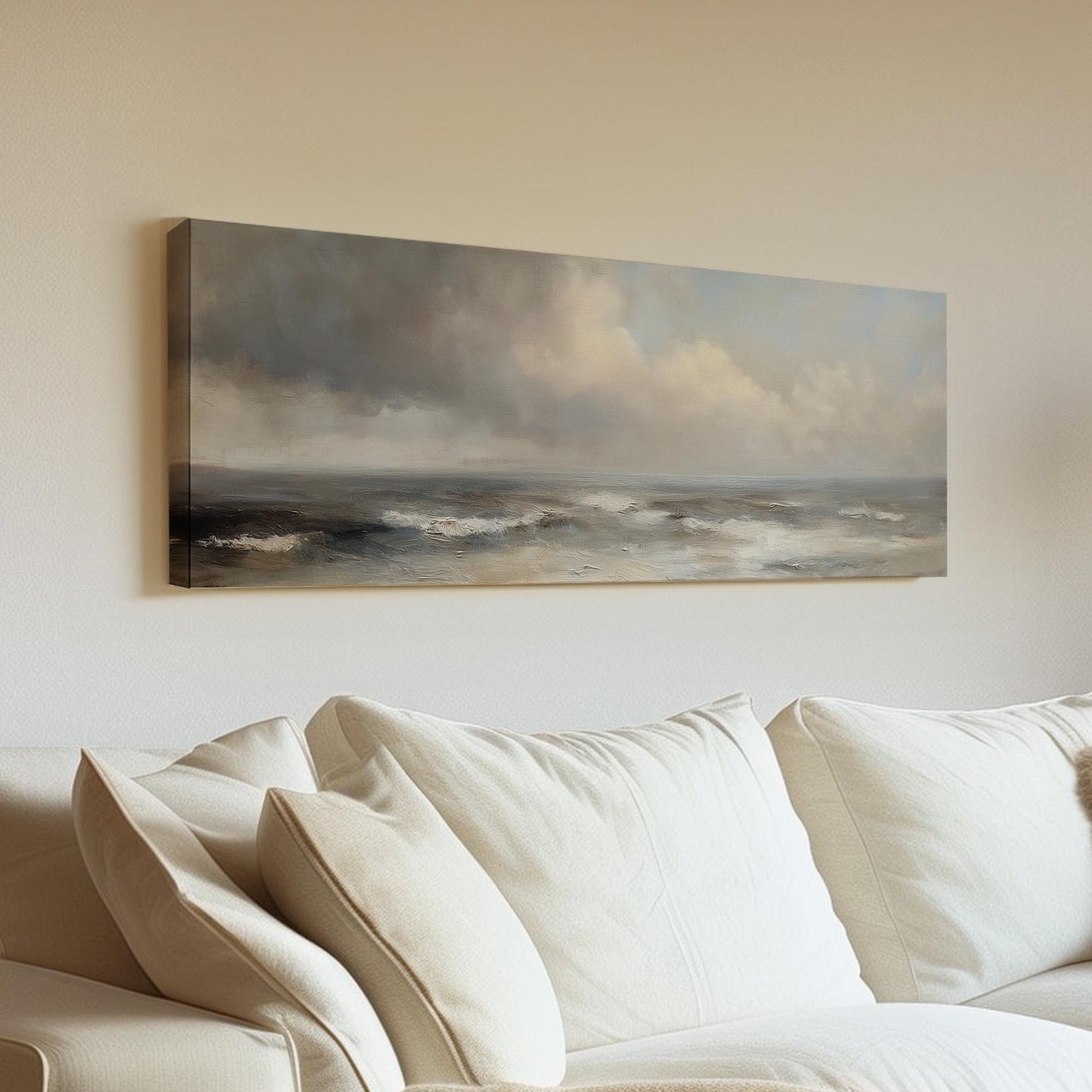 Rough Waves Panoramic Muted Beach, Minimal Nautical Art Canvas Print, Coastal Sunset Printed Canvas Art