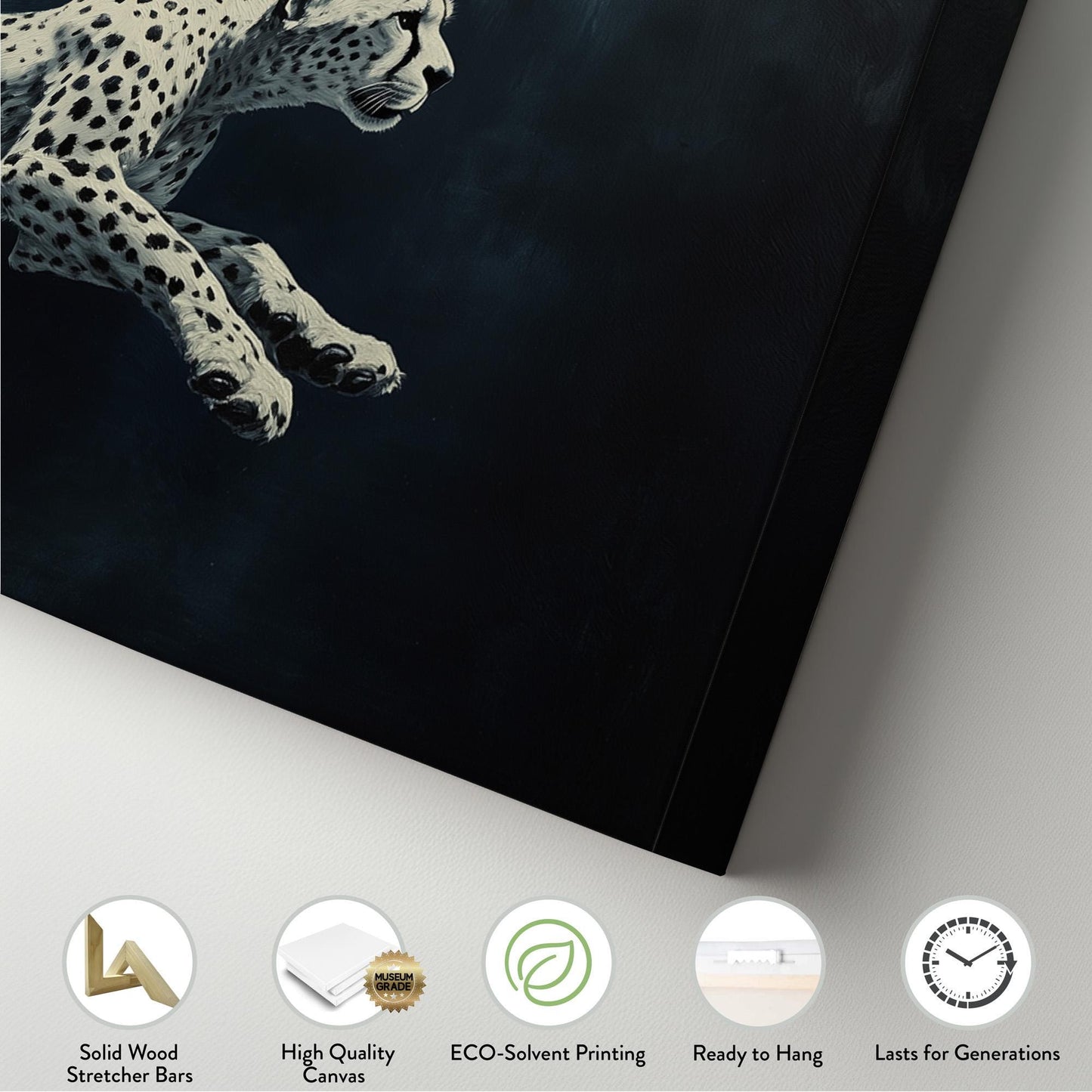 Running White Cheetah Panoramic Night Speed, Minimal Wilderness Charm Canvas Print, Dark Mood Printed Canvas Art