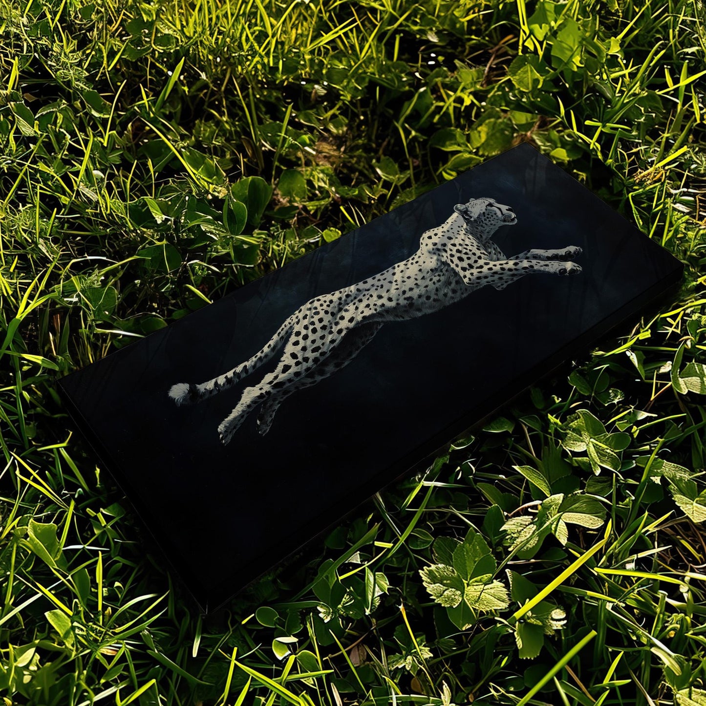 Running White Cheetah Panoramic Night Speed, Minimal Wilderness Charm Canvas Print, Dark Mood Printed Canvas Art