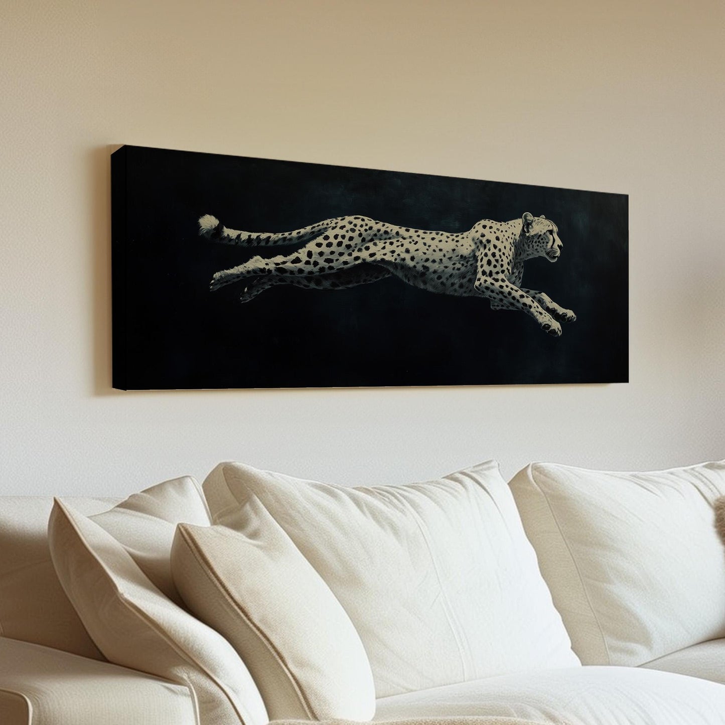 Running White Cheetah Panoramic Night Speed, Minimal Wilderness Charm Canvas Print, Dark Mood Printed Canvas Art