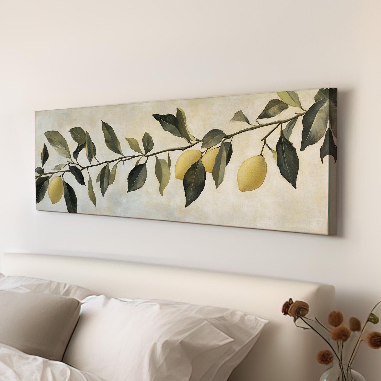 Rustic Lemon Branch Panoramic Farmhouse Kitchen, Minimal Citrus Decor Canvas Print, Country Art Printed Canvas Art