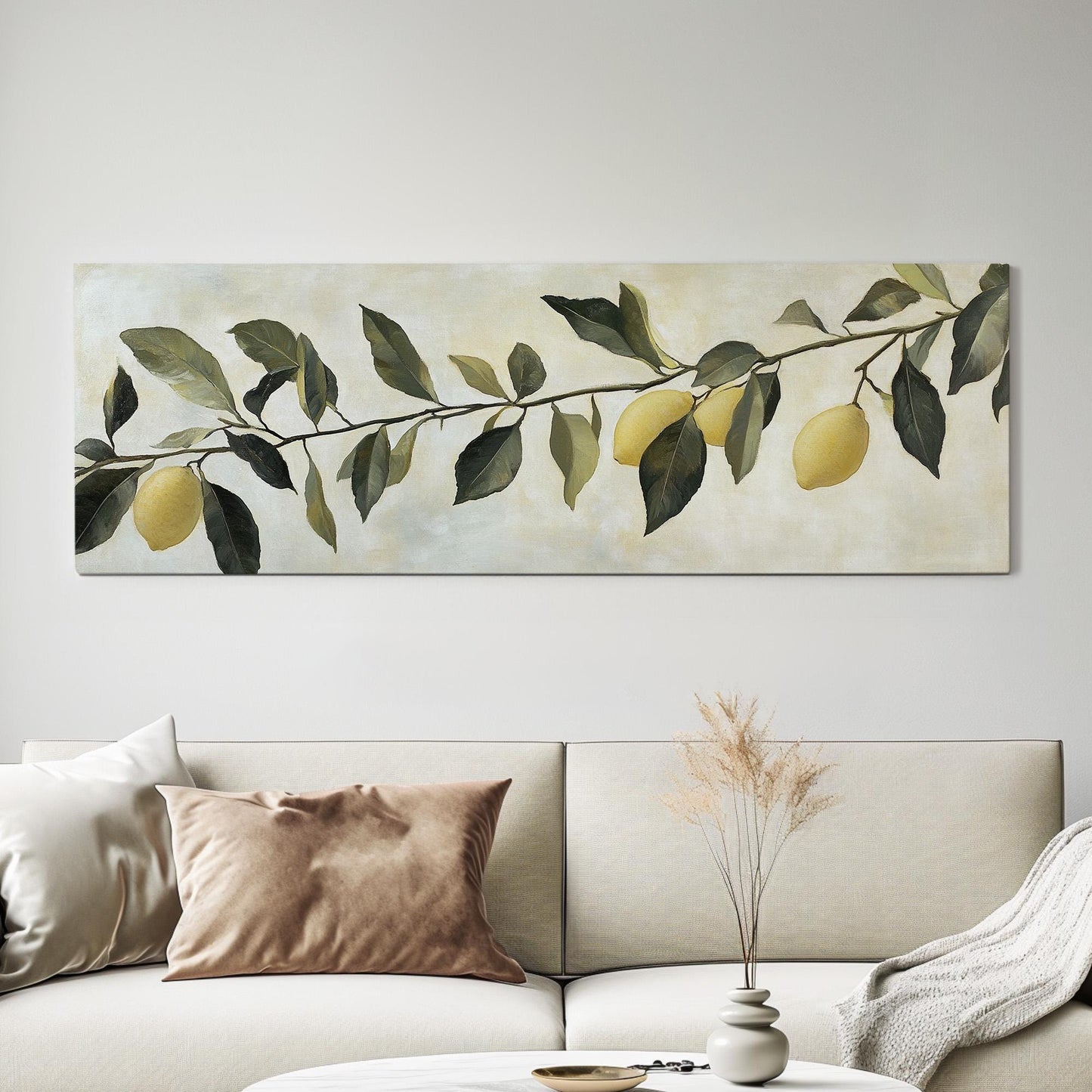 Rustic Lemon Branch Panoramic Farmhouse Kitchen, Minimal Citrus Decor Canvas Print, Country Art Printed Canvas Art