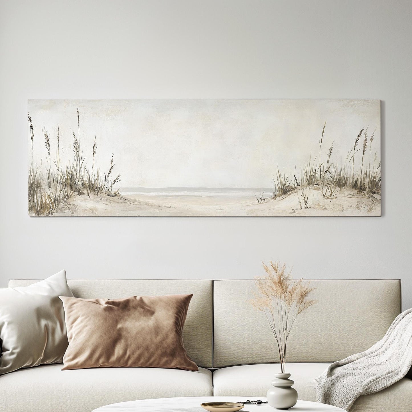 Sea Grass at the Beach Panoramic Muted Beach, Minimal Nautical Art Canvas Print, Sandy Coast Printed Canvas Art