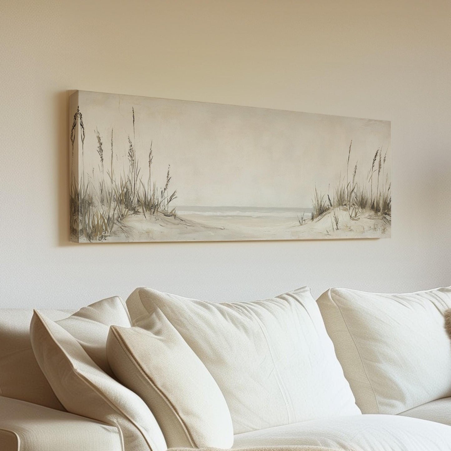Sea Grass at the Beach Panoramic Muted Beach, Minimal Nautical Art Canvas Print, Sandy Coast Printed Canvas Art