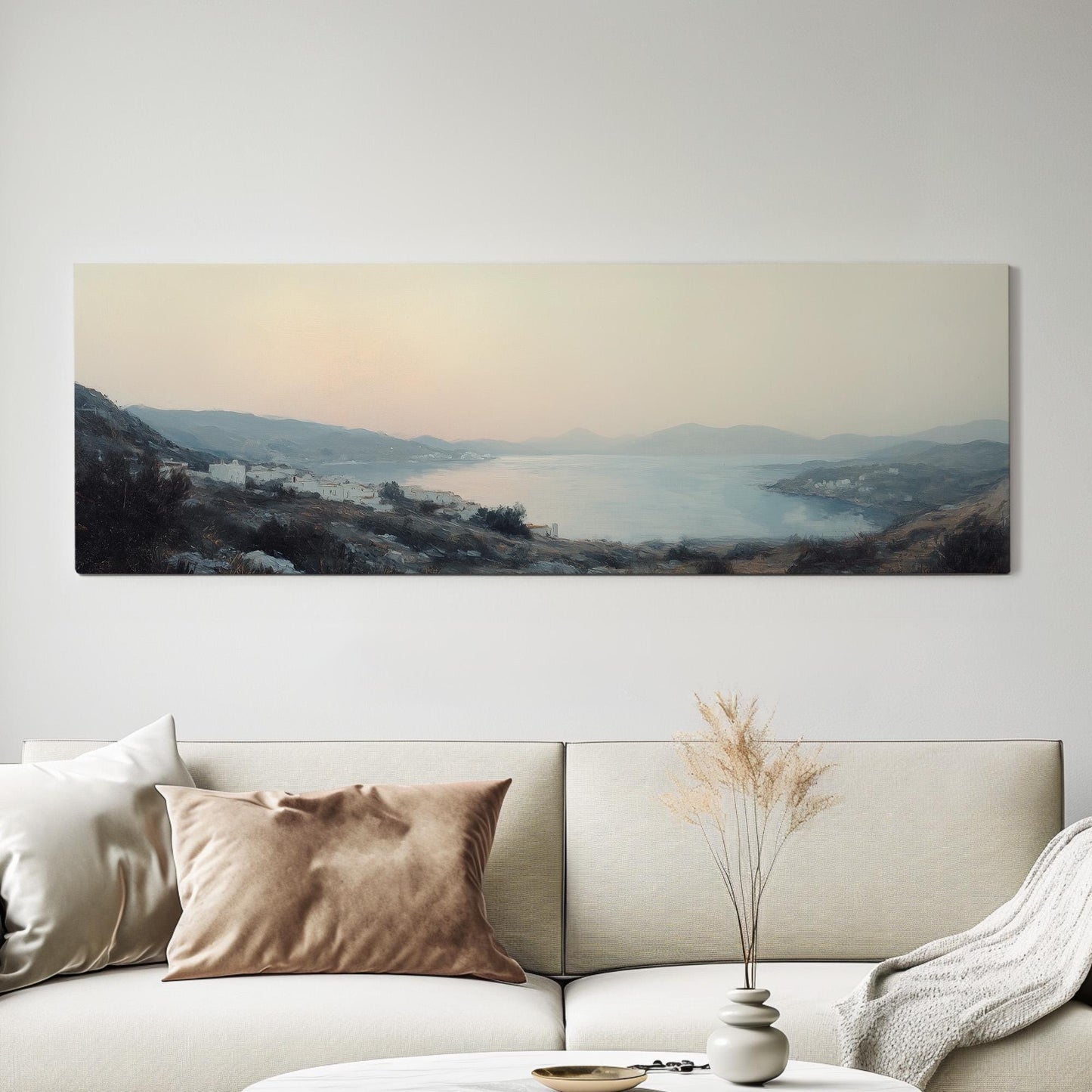 Vintage Mediterranean Panoramic Muted Seascape, Minimal Nautical Art Canvas Print, Coastal Sunset Printed Canvas Art