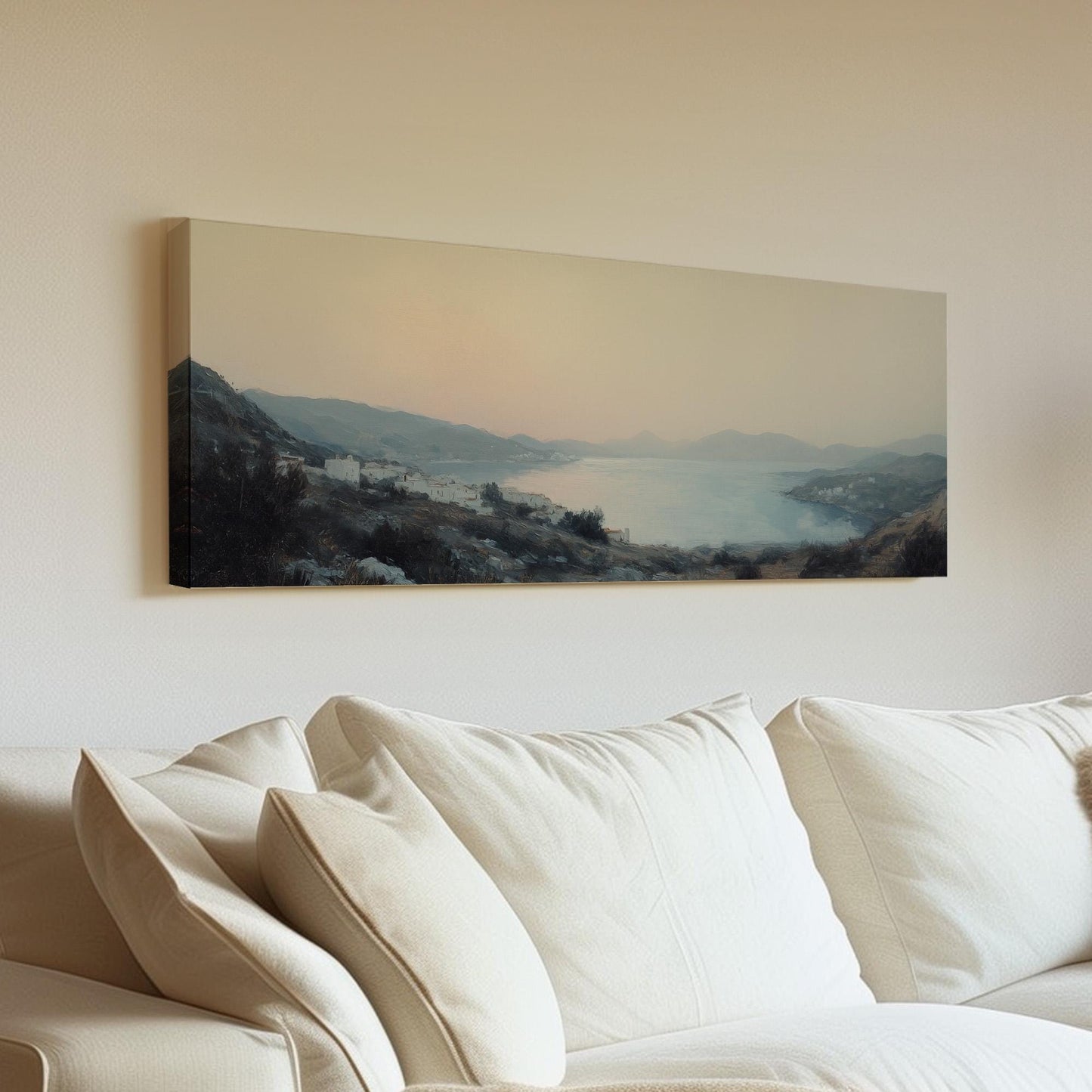 Vintage Mediterranean Panoramic Muted Seascape, Minimal Nautical Art Canvas Print, Coastal Sunset Printed Canvas Art