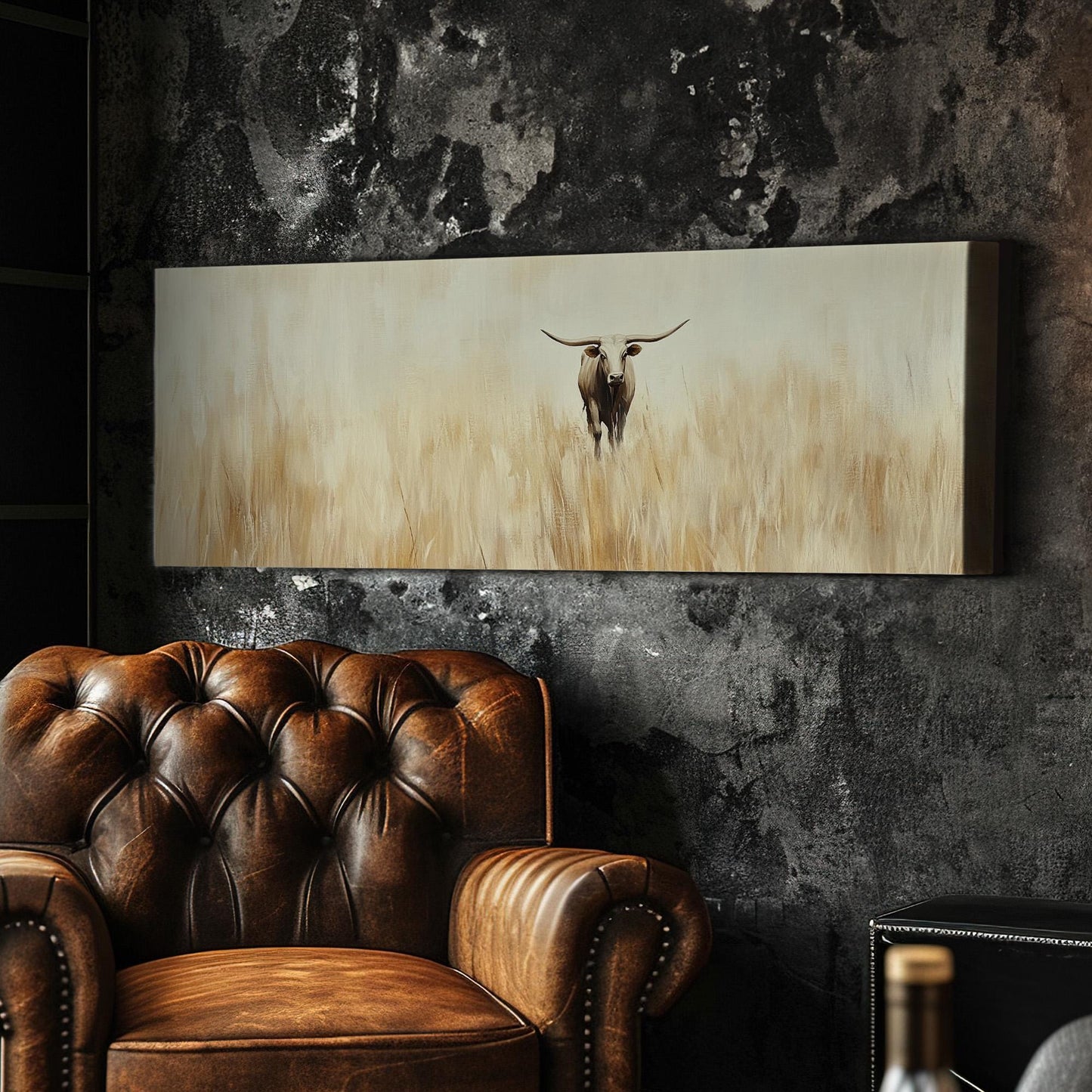 Vintage Texas Longhorn Panoramic Minimal Landscape, Minimal Farmhouse Style Canvas Print, Yellow Grass Field Printed Canvas Art