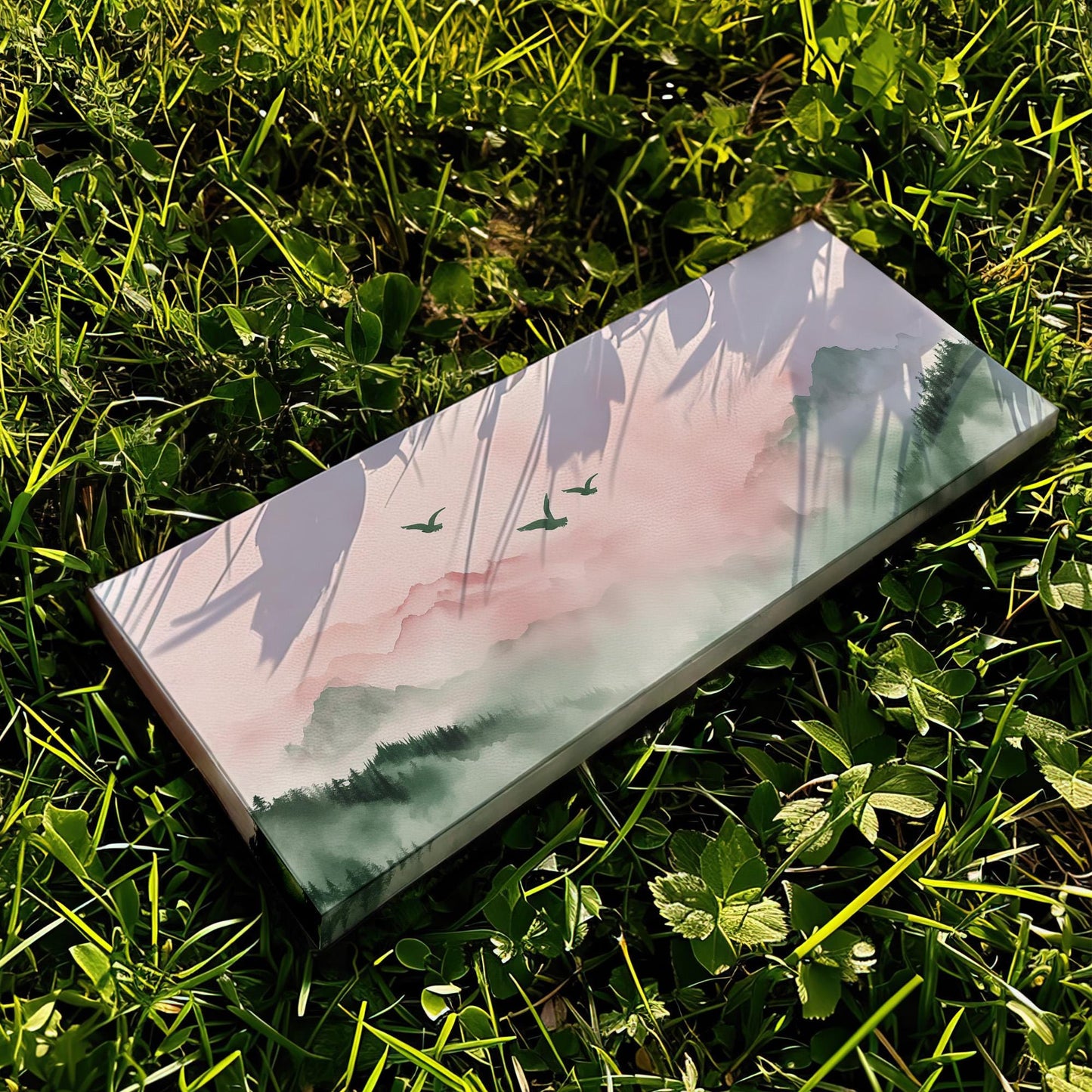 Watercolor Birds Above Mountains Panoramic Moody Vibes, Minimal Nature Calm Canvas Print, Bird Flock Printed Canvas Art