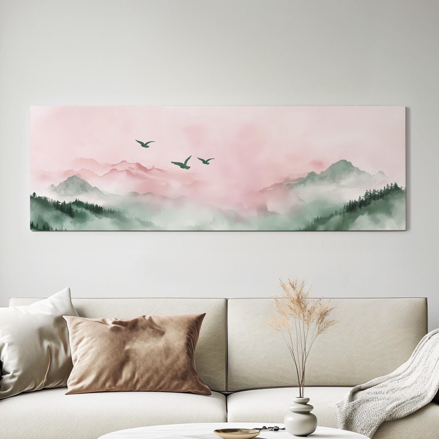 Watercolor Birds Above Mountains Panoramic Moody Vibes, Minimal Nature Calm Canvas Print, Bird Flock Printed Canvas Art