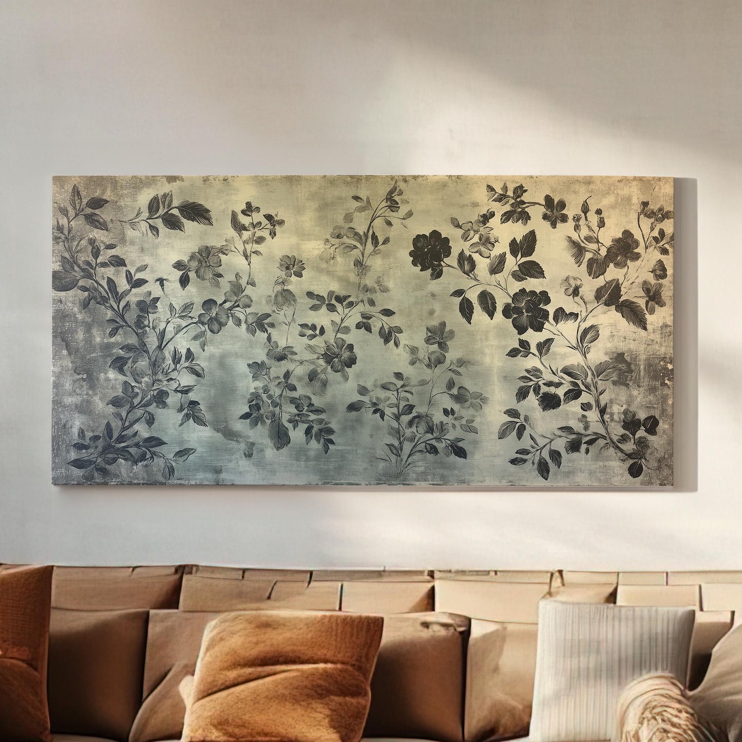 Antique Dark Flowers Lanscape Monochrome Textile, 2x1 Neutral Taperstry Canvas Print, Chrysanthemum 20x60 Canvas Art