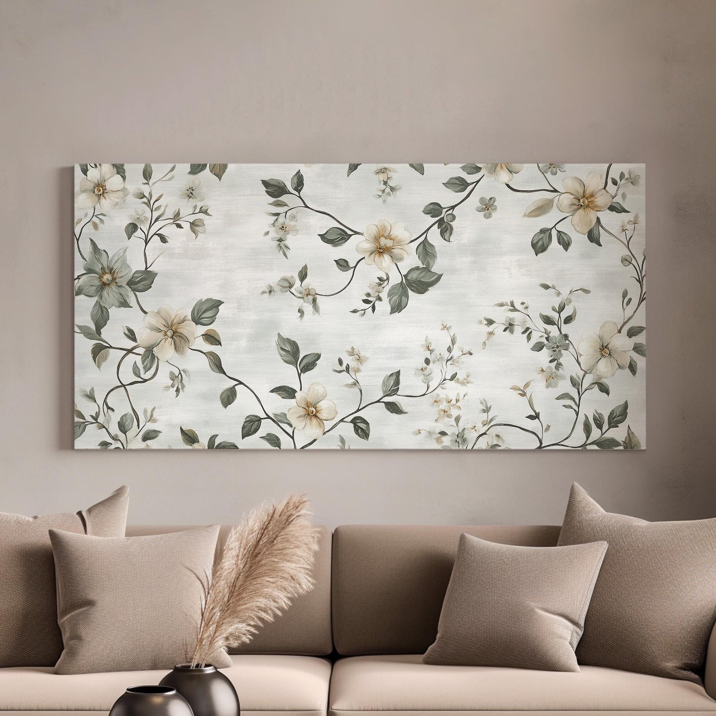 Antique White Flowers Lanscape Monochrome Textile, 2x1 Neutral Taperstry Canvas Print, Chrysanthemum 20x60 Canvas Art