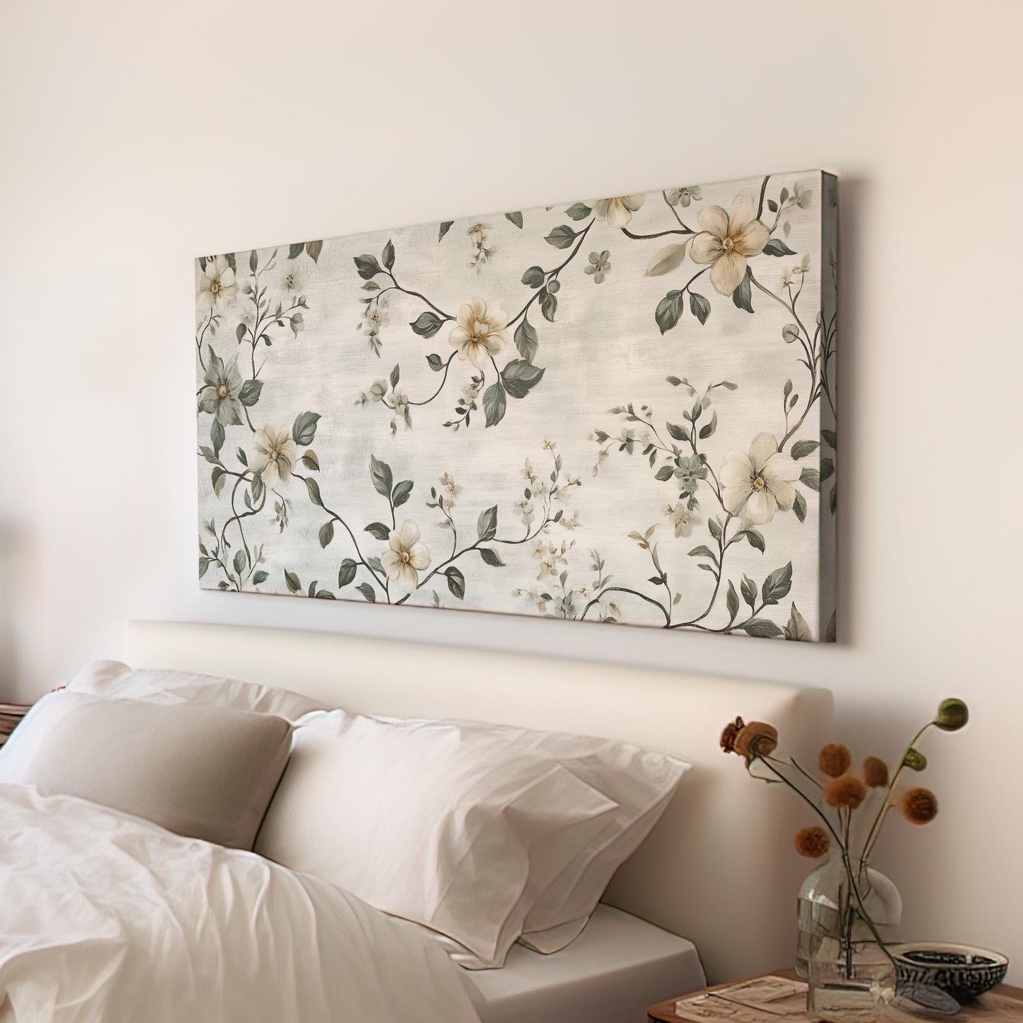 Antique White Flowers Lanscape Monochrome Textile, 2x1 Neutral Taperstry Canvas Print, Chrysanthemum 20x60 Canvas Art