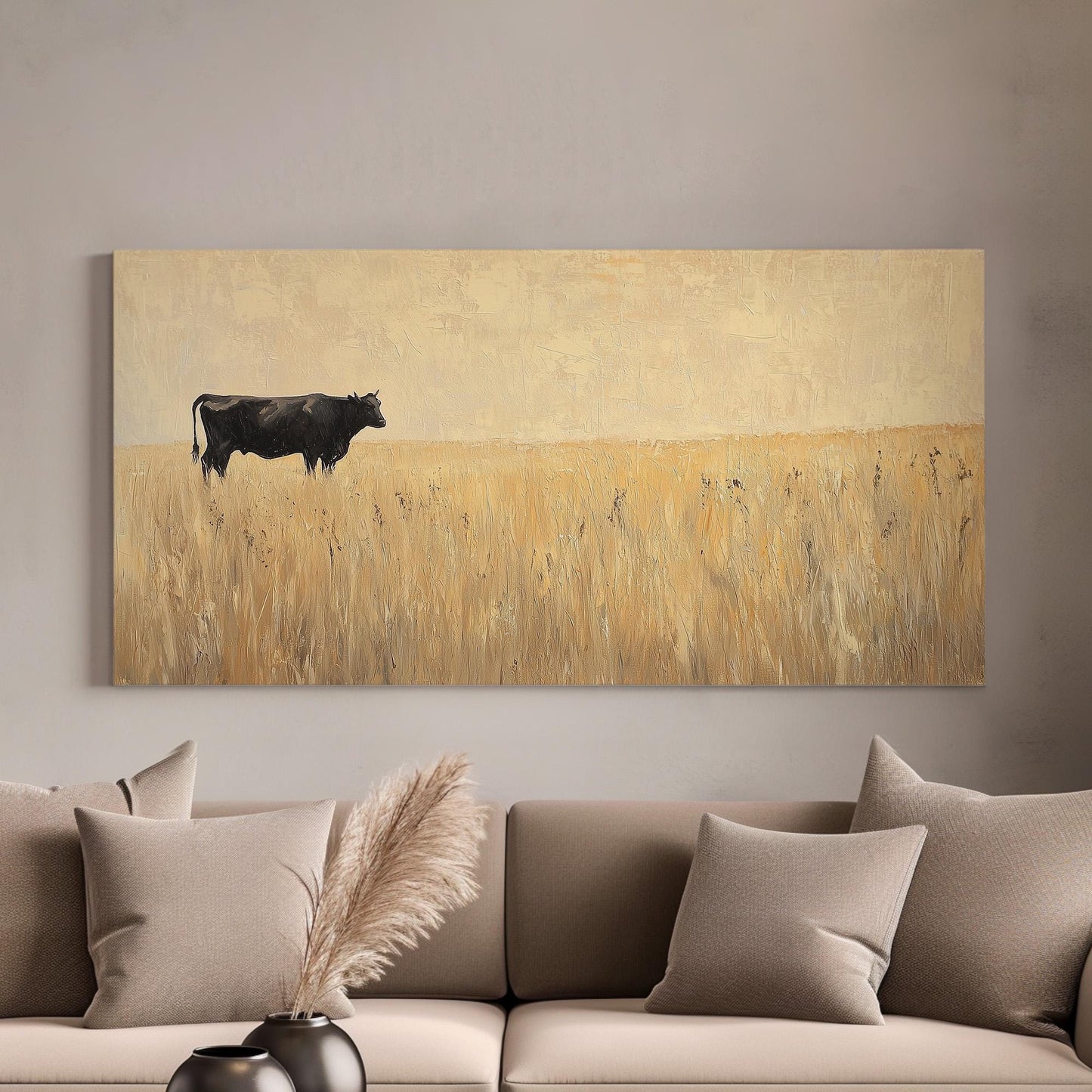 Cow In The Distance Lanscape Country Living, 2x1 Farmhouse Decor Canvas Print, Rural Vibes 20x60 Canvas Art