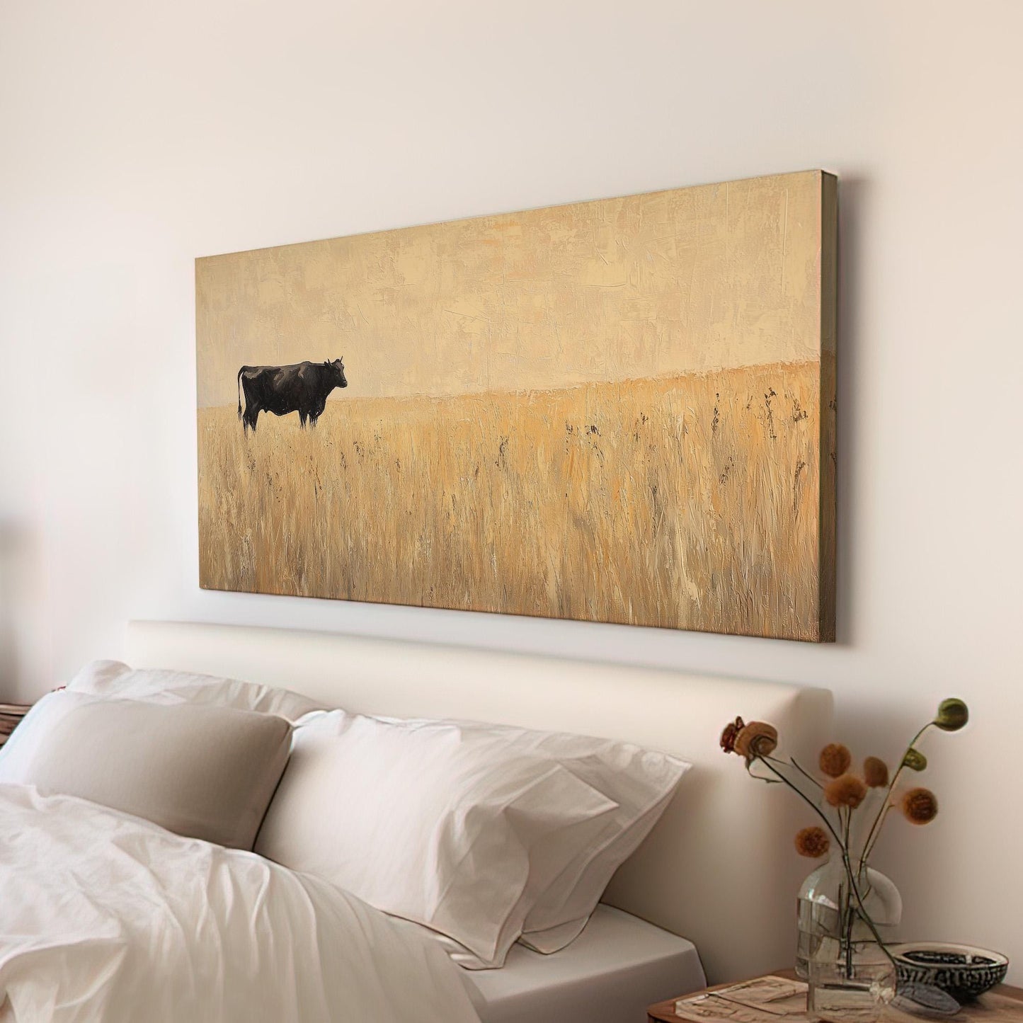 Cow In The Distance Lanscape Country Living, 2x1 Farmhouse Decor Canvas Print, Rural Vibes 20x60 Canvas Art