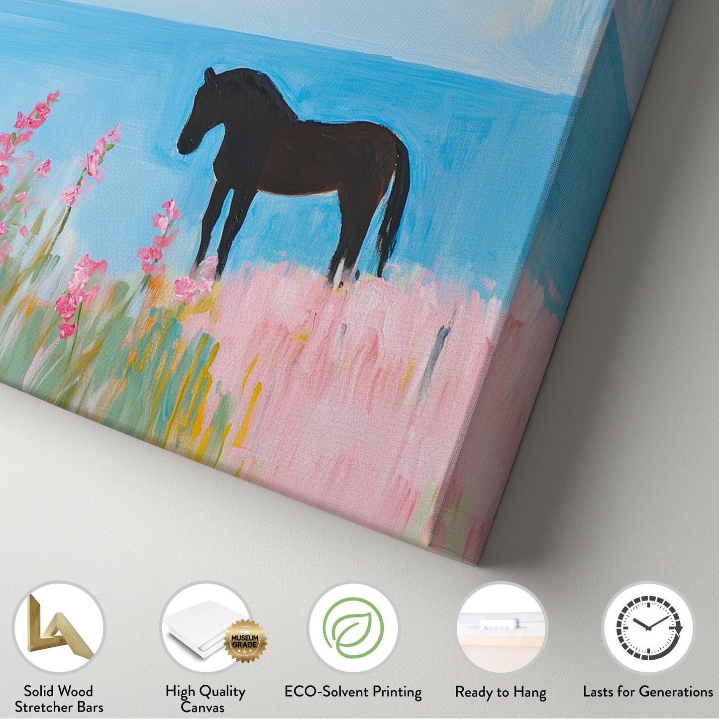 Horses At The Beach Lanscape Flower Garden, 2x1 Farmhouse Equestrian Canvas Print, Wild Nature 20x60 Canvas Art