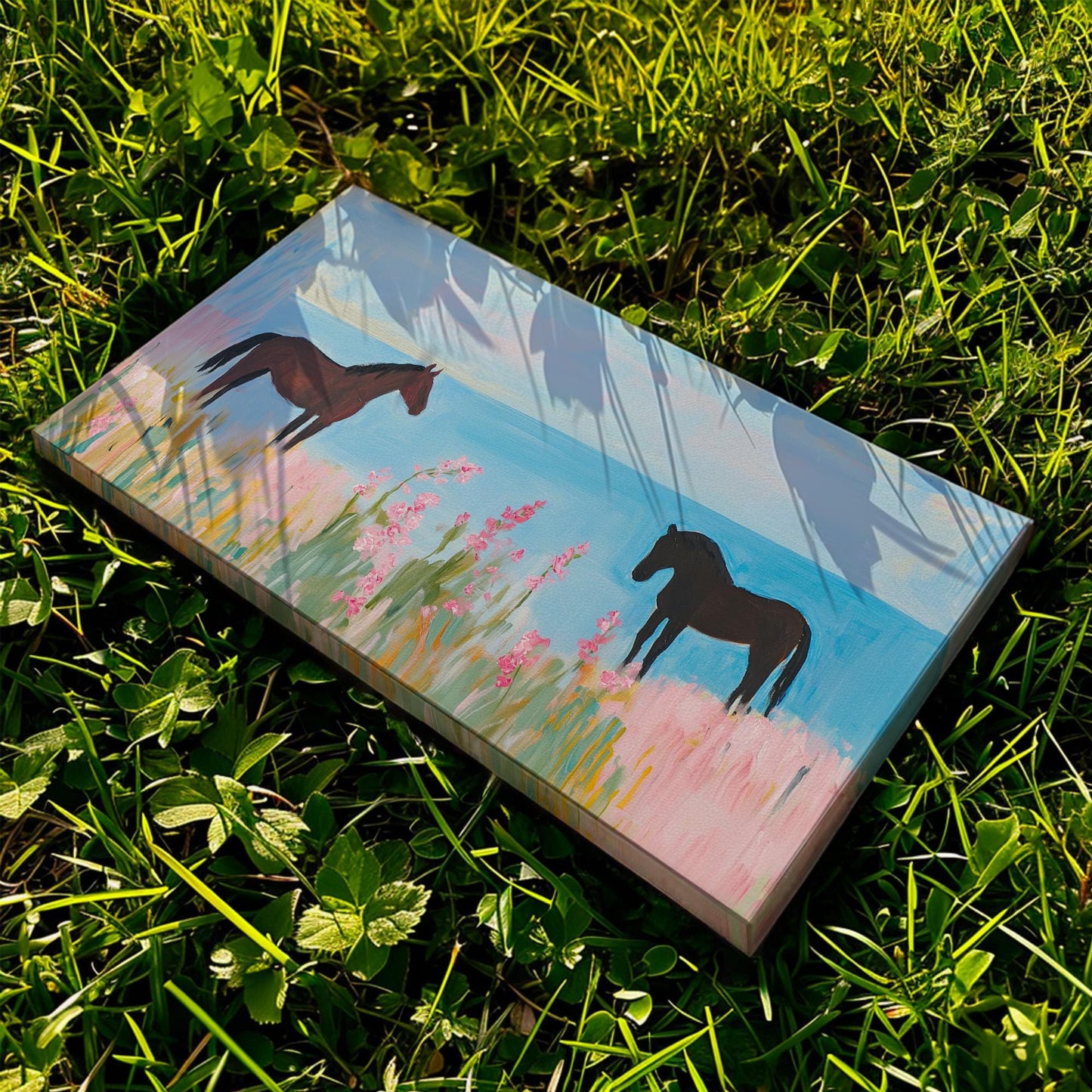 Horses At The Beach Lanscape Flower Garden, 2x1 Farmhouse Equestrian Canvas Print, Wild Nature 20x60 Canvas Art