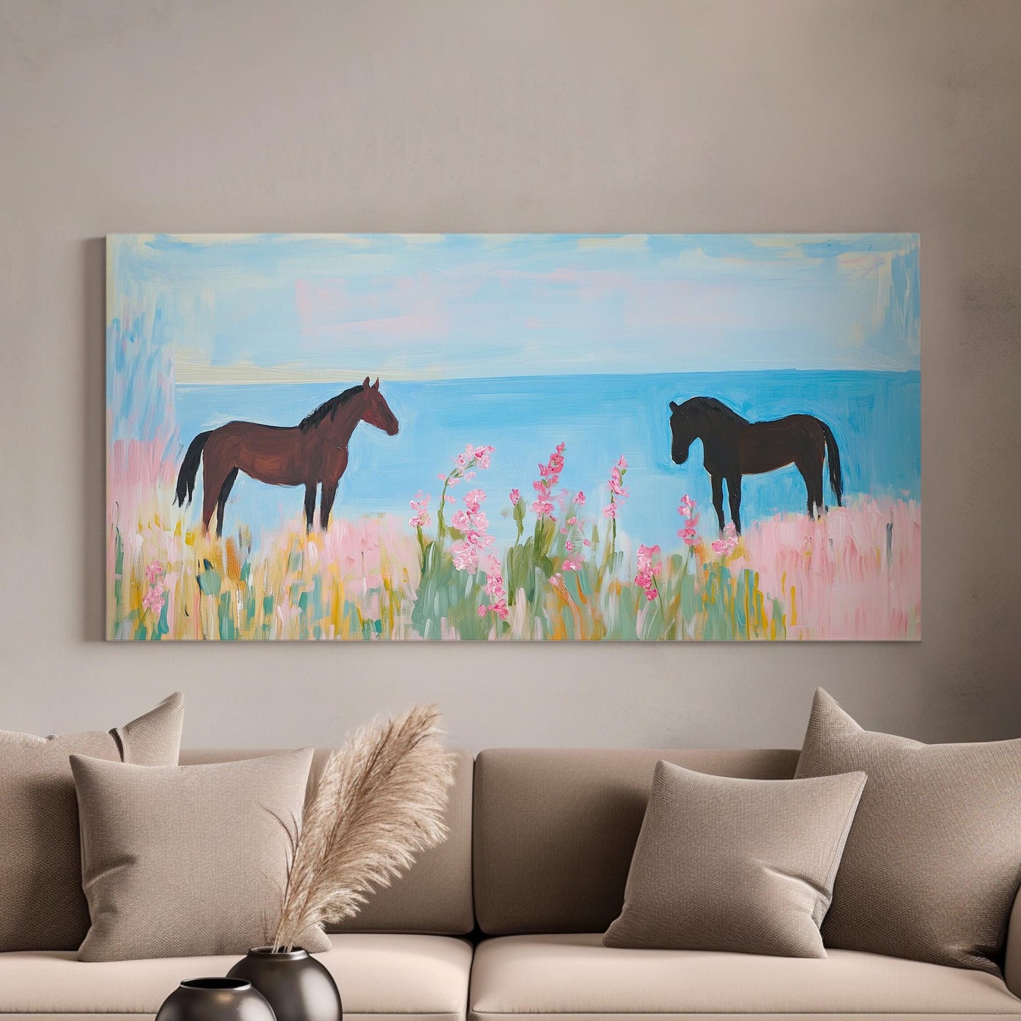 Horses At The Beach Lanscape Flower Garden, 2x1 Farmhouse Equestrian Canvas Print, Wild Nature 20x60 Canvas Art