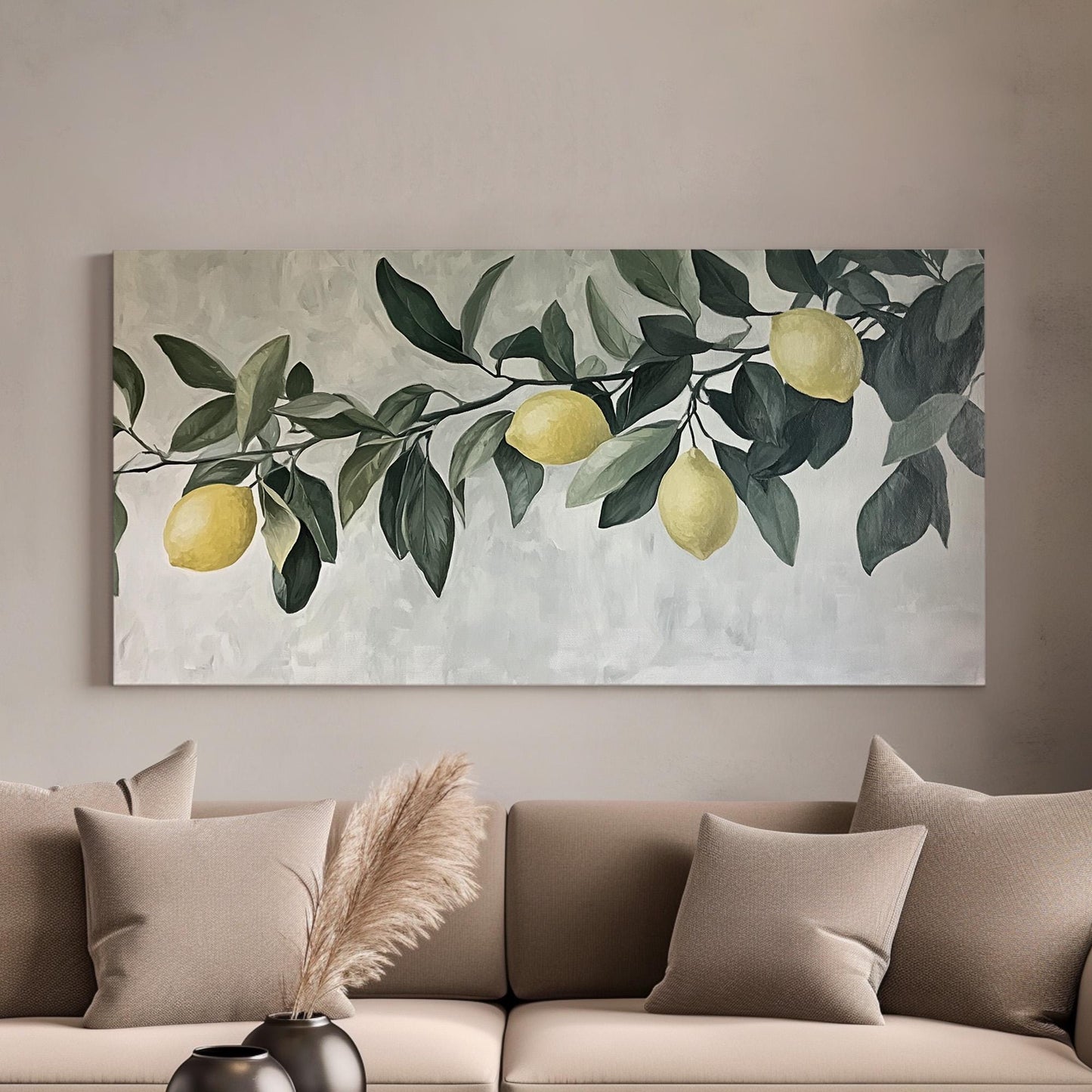 Moody Lemon Branch Lanscape Farmhouse Kitchen, 2x1 Citrus Decor Canvas Print, Country Art 20x60 Canvas Art