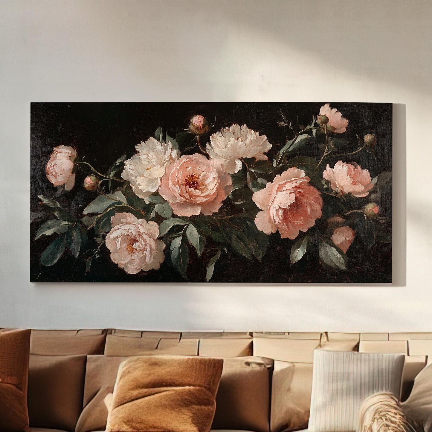 Renaissance Peony Bouquet Lanscape Rustic Peonies, 2x1 Floral Charm Canvas Print, Spring Farmhouse 20x60 Canvas Art