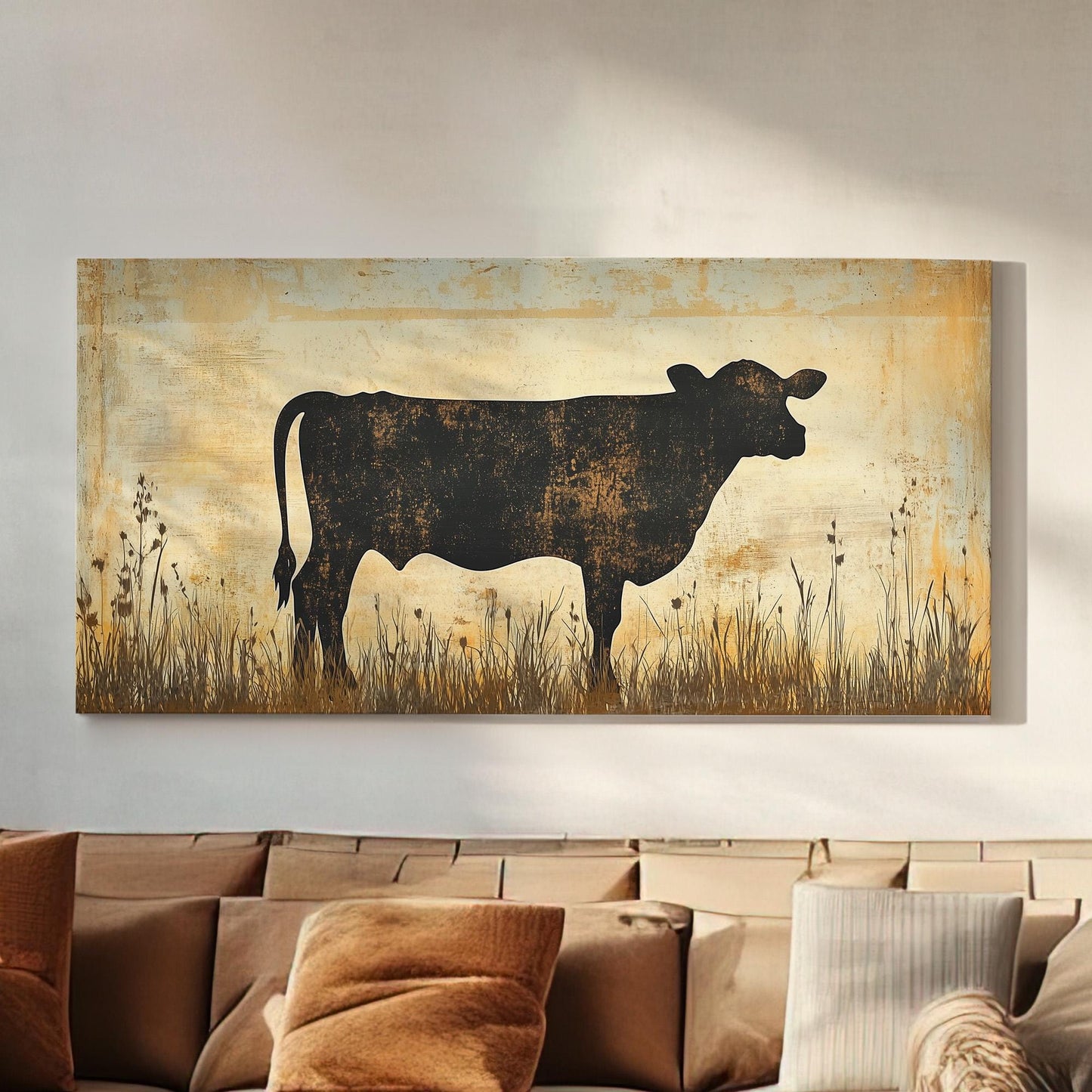 Rustic Cow Lanscape Country Living, 2x1 Farmhouse Decor Canvas Print, Rural Vibes 20x60 Canvas Art