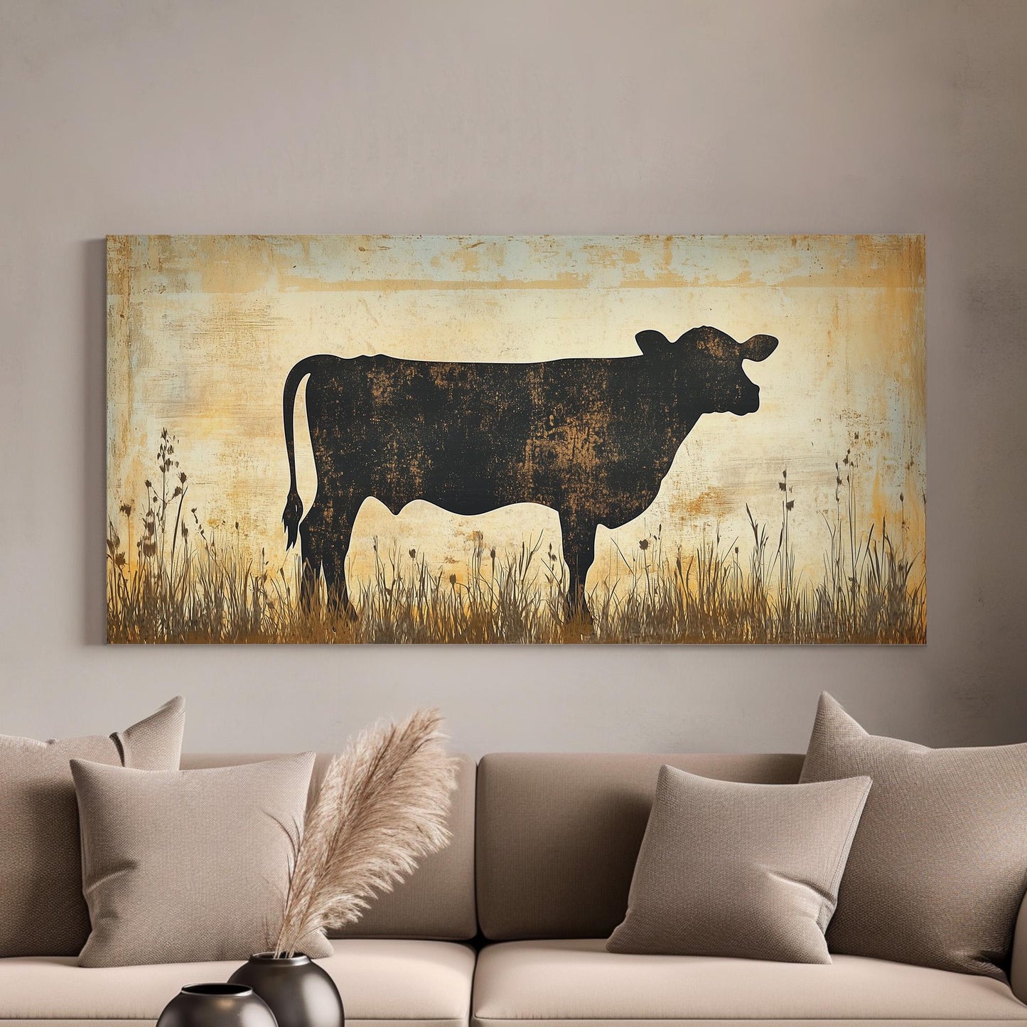Rustic Cow Lanscape Country Living, 2x1 Farmhouse Decor Canvas Print, Rural Vibes 20x60 Canvas Art