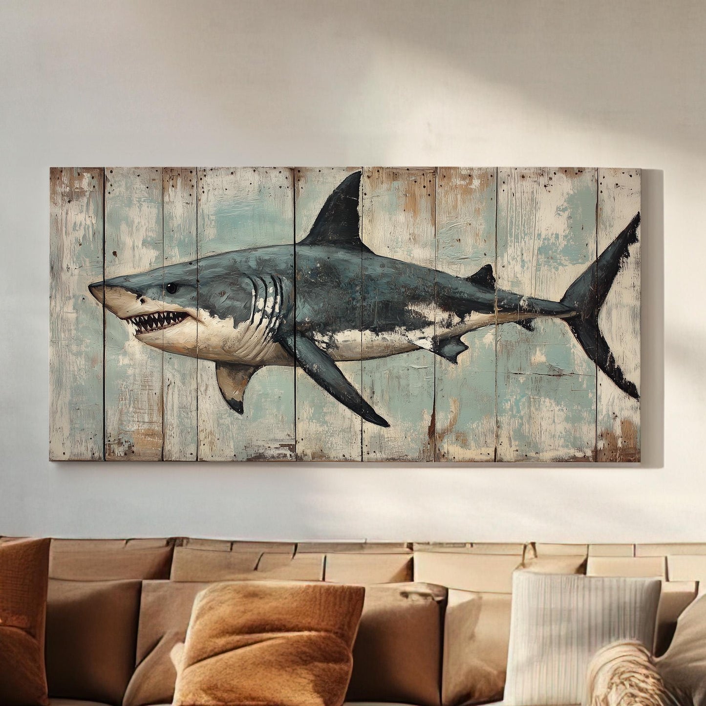 Rustic Shark Scene Lanscape Coastal Theme, 2x1 Ocean Vibes Canvas Print, Sea Predator 20x60 Canvas Art