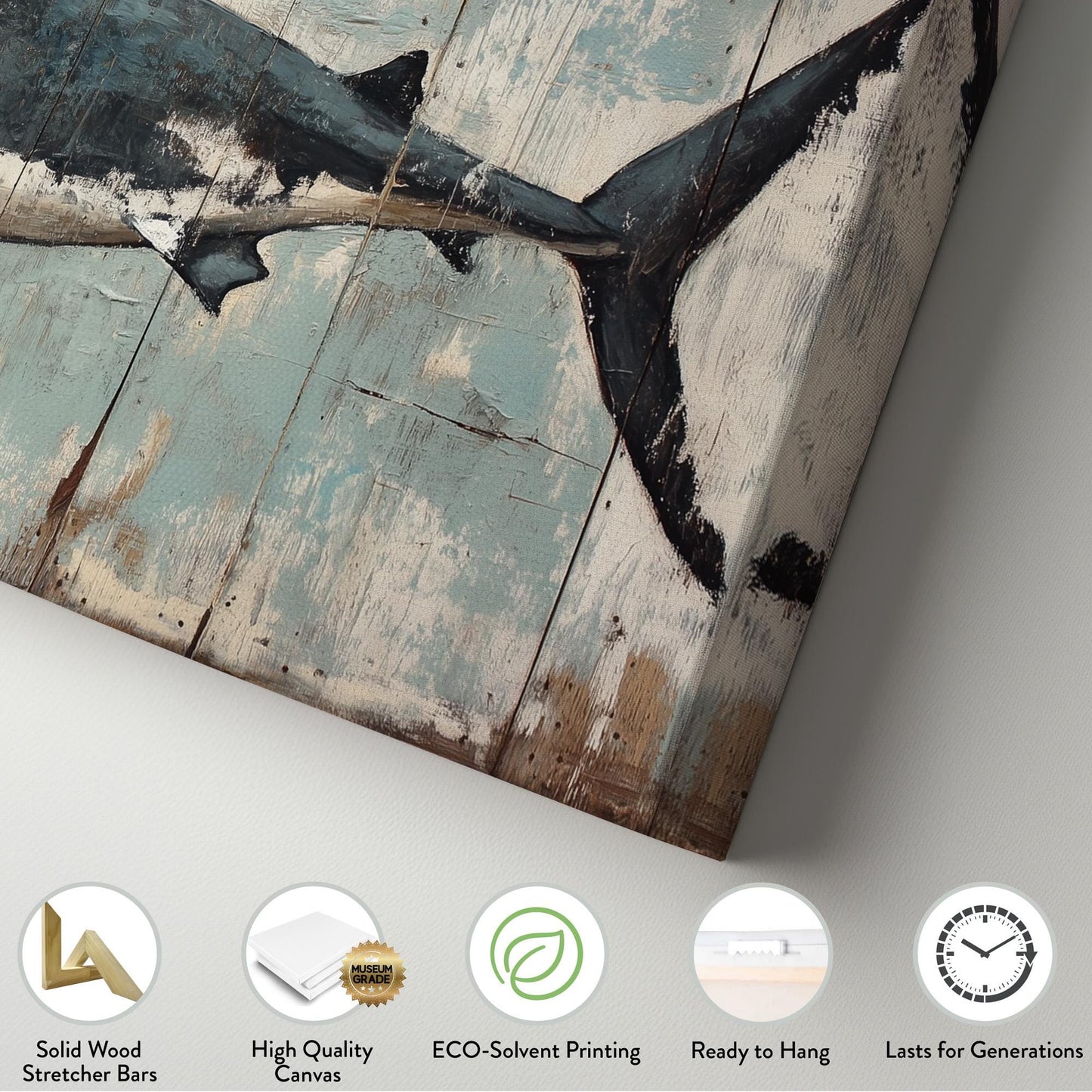 Rustic Shark Scene Lanscape Coastal Theme, 2x1 Ocean Vibes Canvas Print, Sea Predator 20x60 Canvas Art