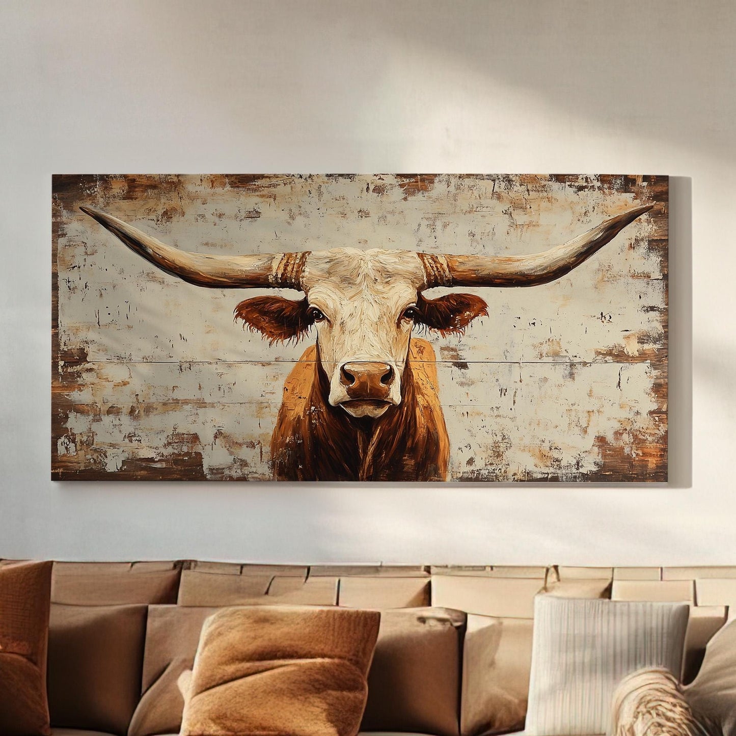 Rustic Texas Longhorn Portrait Lanscape Wooden Texture, 2x1 Country Charm Canvas Print, Vintage Ranch 20x60 Canvas Art